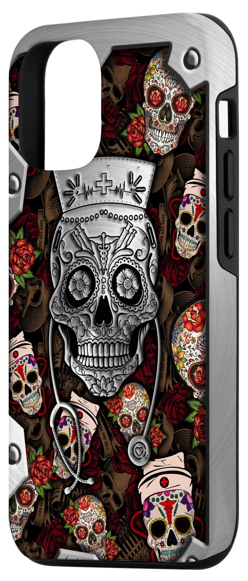 iPhone 12/12 Pro Sugar Skull Metal Phone Case - Gothic Nurse Design | Funny & Durable Protective Cover for Nurses, Medical Workers & Halloween Lovers (Perfect for Work, Cosplay & Everyday Use)