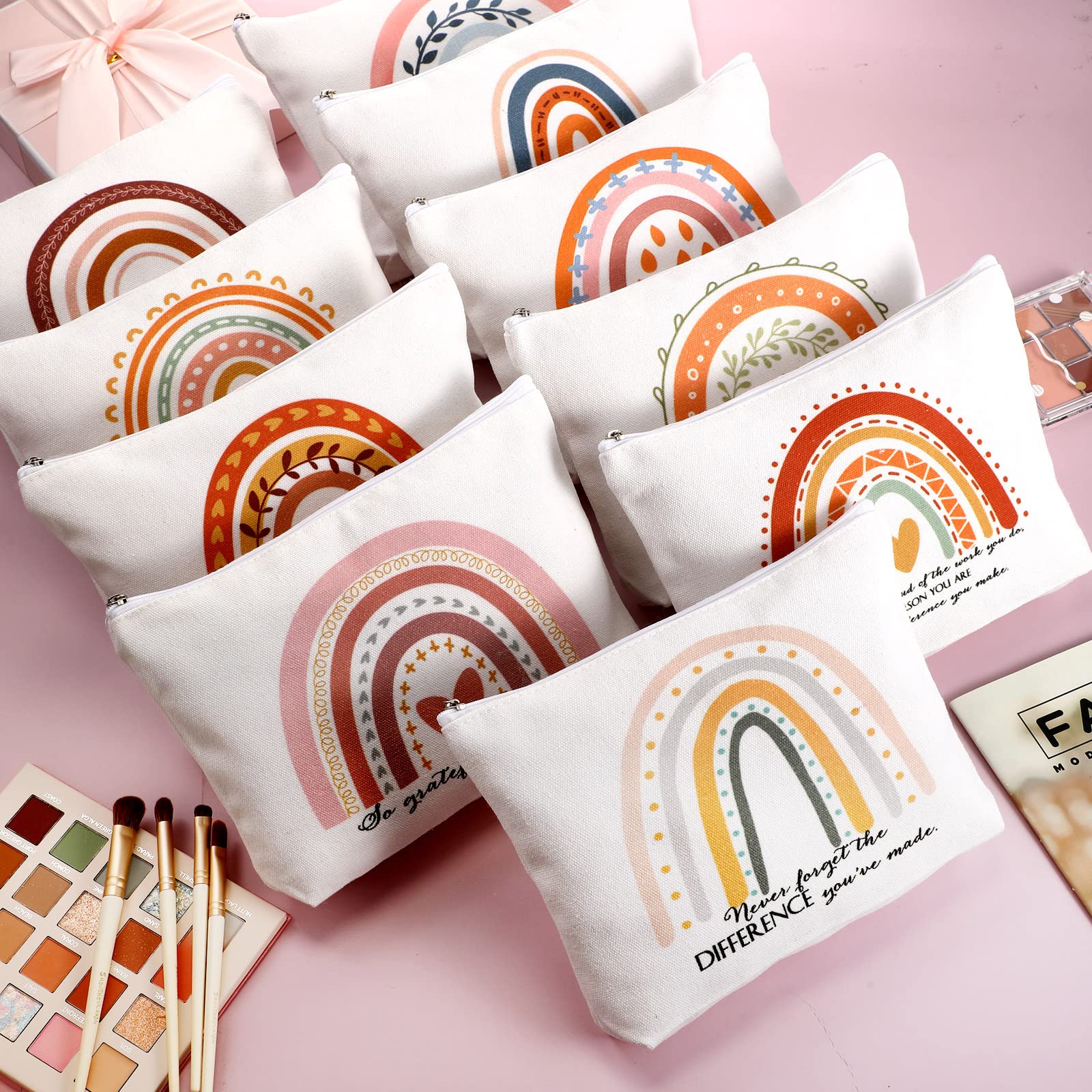 50 Pcs Rainbow Canvas Makeup Bags Bulk - Inspirational Cosmetic Bags with Zipper - Perfect Thank You Gifts for Teachers, Employees, Coworkers, Women, Assistants, Secretaries & Nurses - Great for Travel, Storage & Appreciation Events