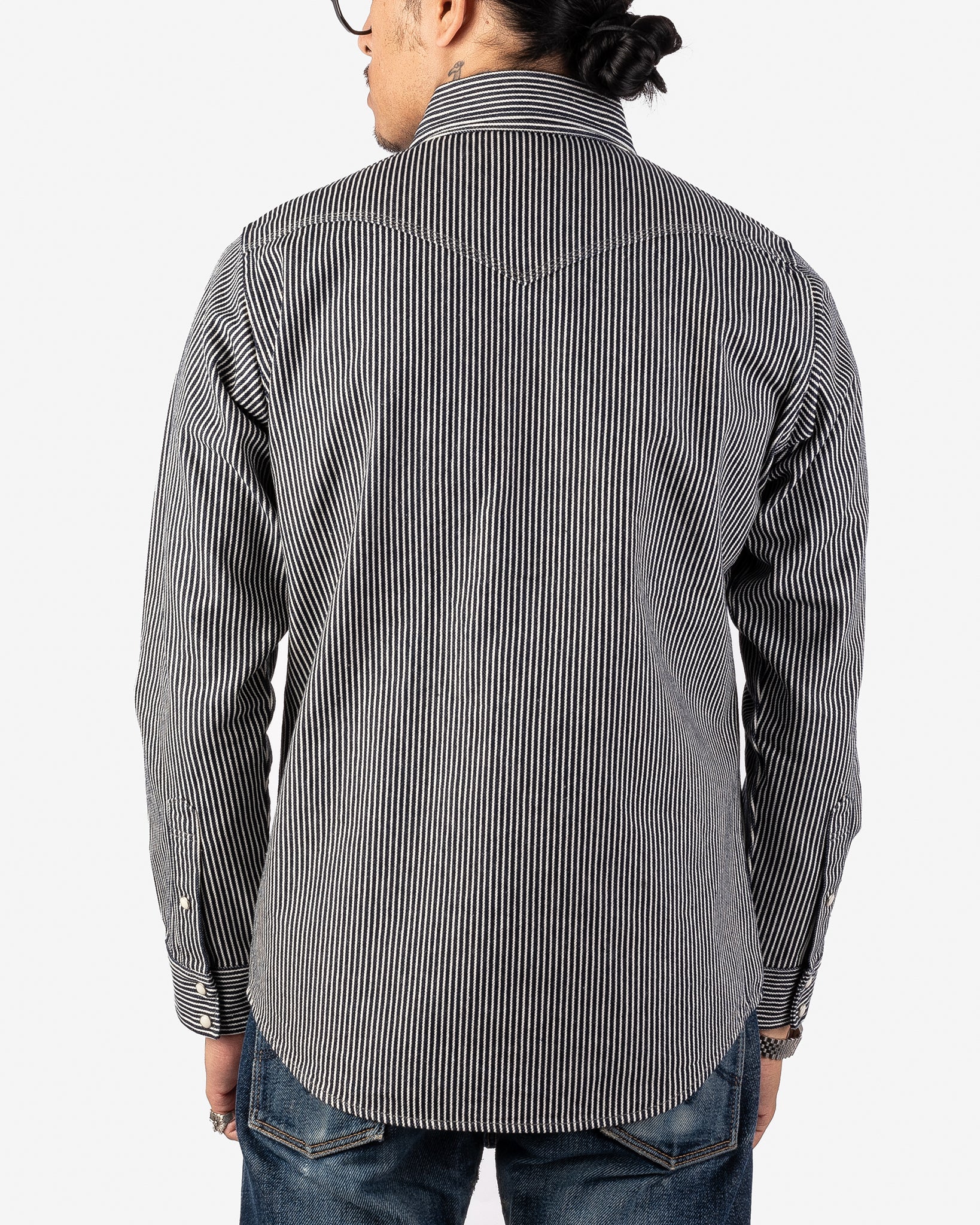 Iron Heart IHSH-07 Indigo 12oz Hickory Stripe Western Shirt - Durable Denim Workwear for Cowboy Style & Outdoor Adventures