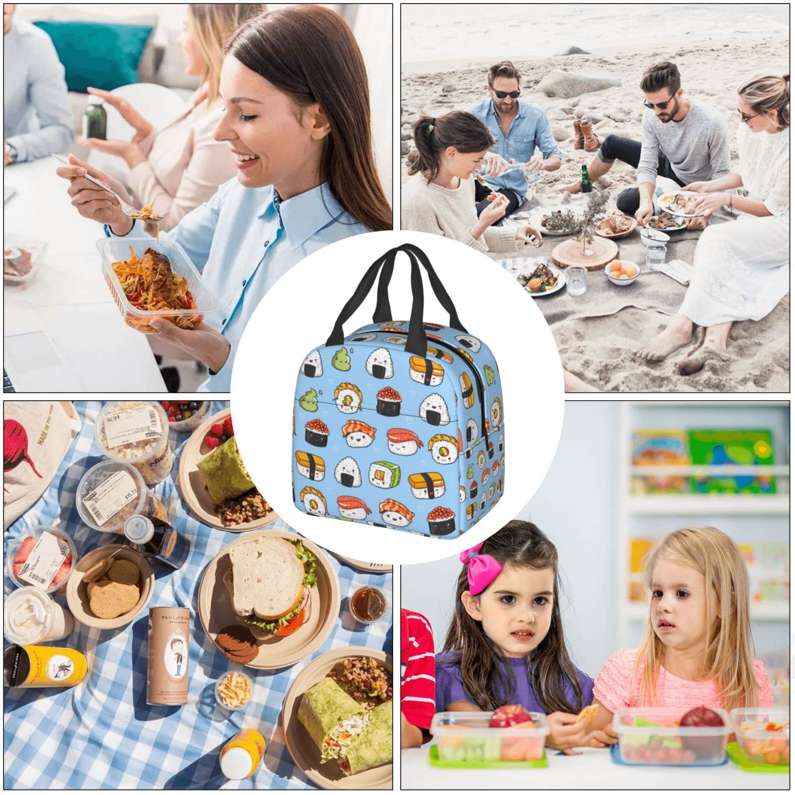 Japanese Sushi Themed Insulated Lunch Bag - Kawaii Blue Reusable Waterproof Lunch Box for Women, Men, Kids | Perfect for School, Work, Picnics & Outdoor Activities