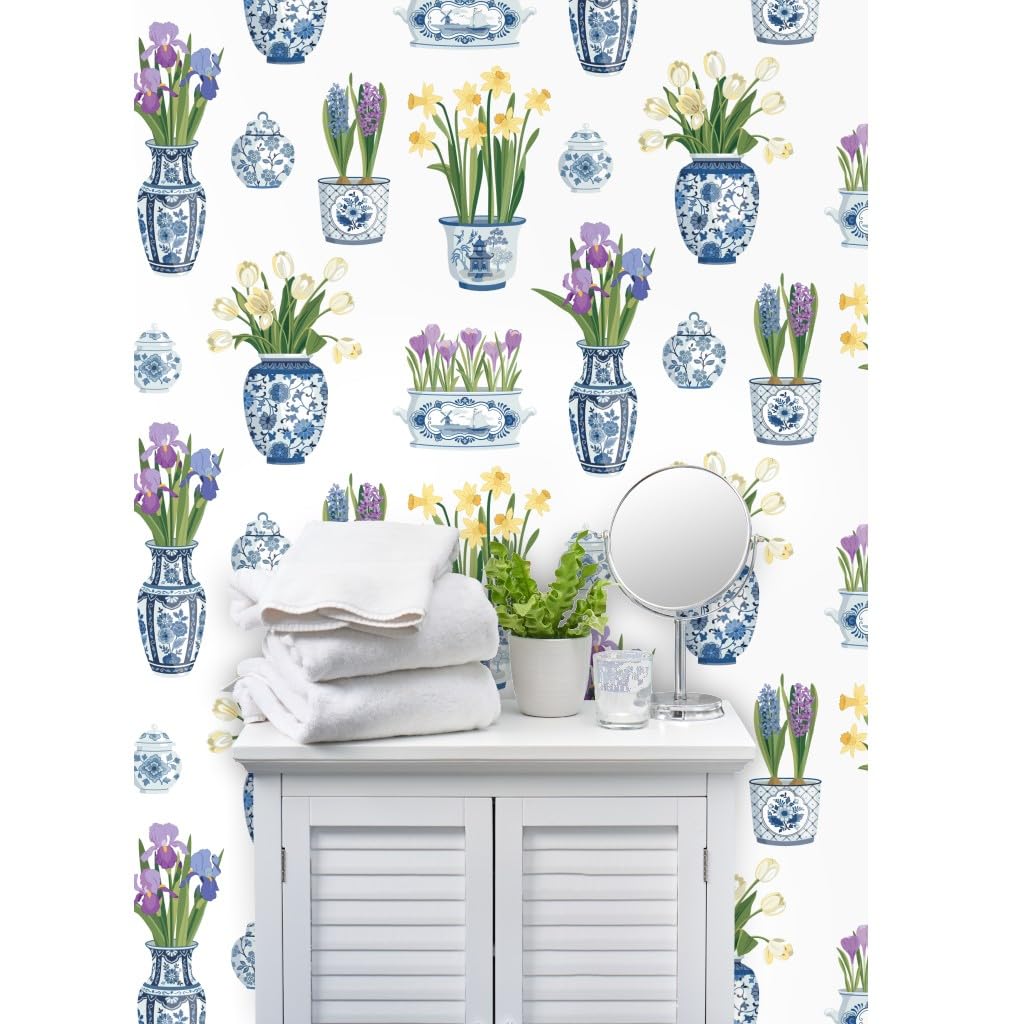 Premium Commercial Grade Wallpaper 27ft x 2ft - Floral Pots, Vases & Tulips Chinoiserie Delft Traditional Design | Spoonflower | Perfect for Living Room, Bedroom & Dining Room Decor