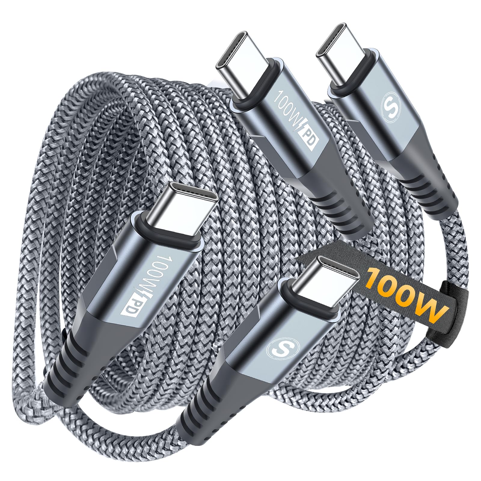 100W USB C to USB C Fast Charging Cable (10ft, 2-Pack) - Compatible with iPhone 16/15 Pro Max, MacBook, iPad Pro/Air, Samsung Galaxy S25/S24/S23, Pixel & More - Durable PD Charger Cord for Home, Office & Travel