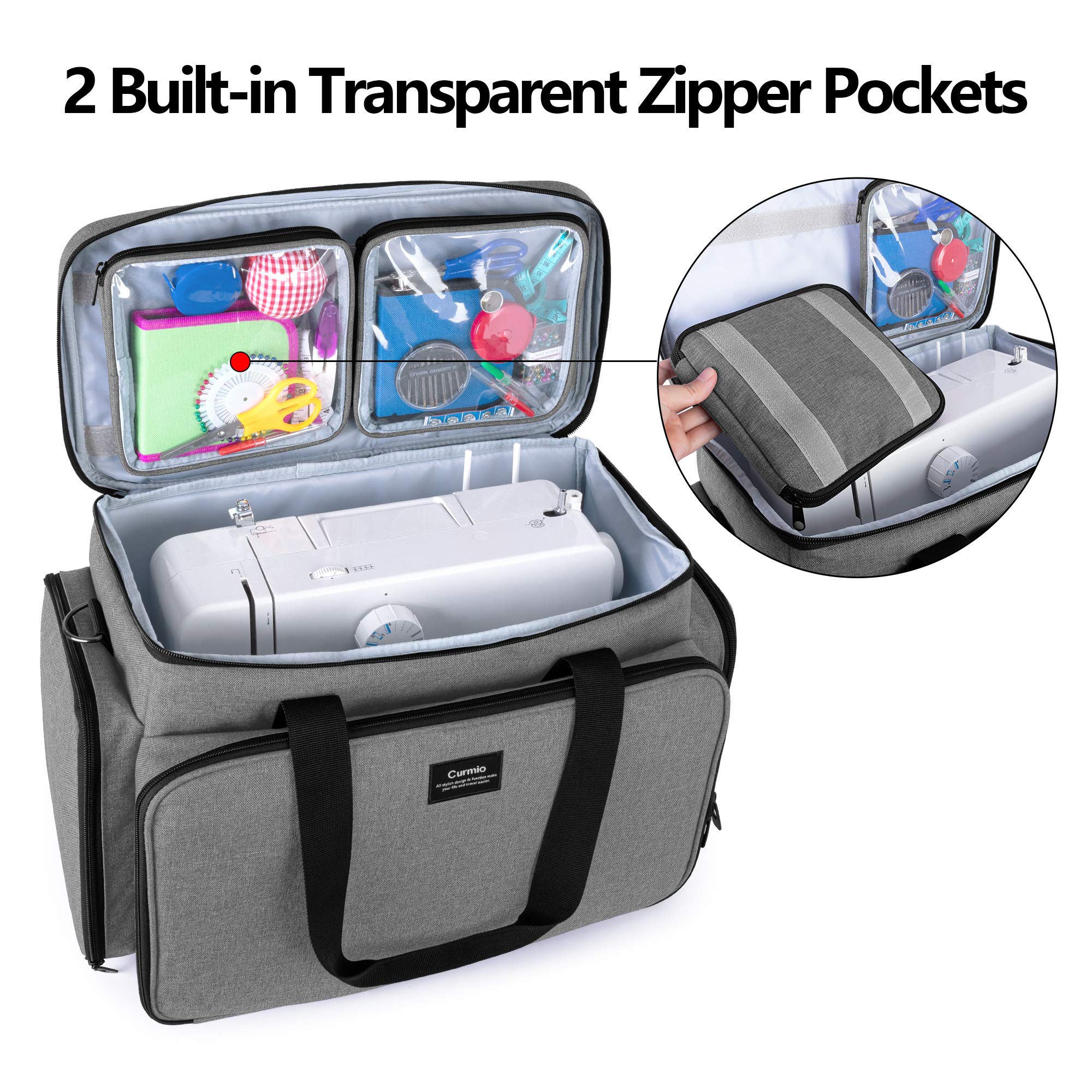 CURMIO Universal Sewing Machine Carrying Case - Travel Tote Bag with 2 Removable Transparent Zipper Pouches for Sewing Supplies, Fits Most Standard Sewing Machines (Gray, Patented Design) - Perfect for Home Use, Travel & Sewing Classes