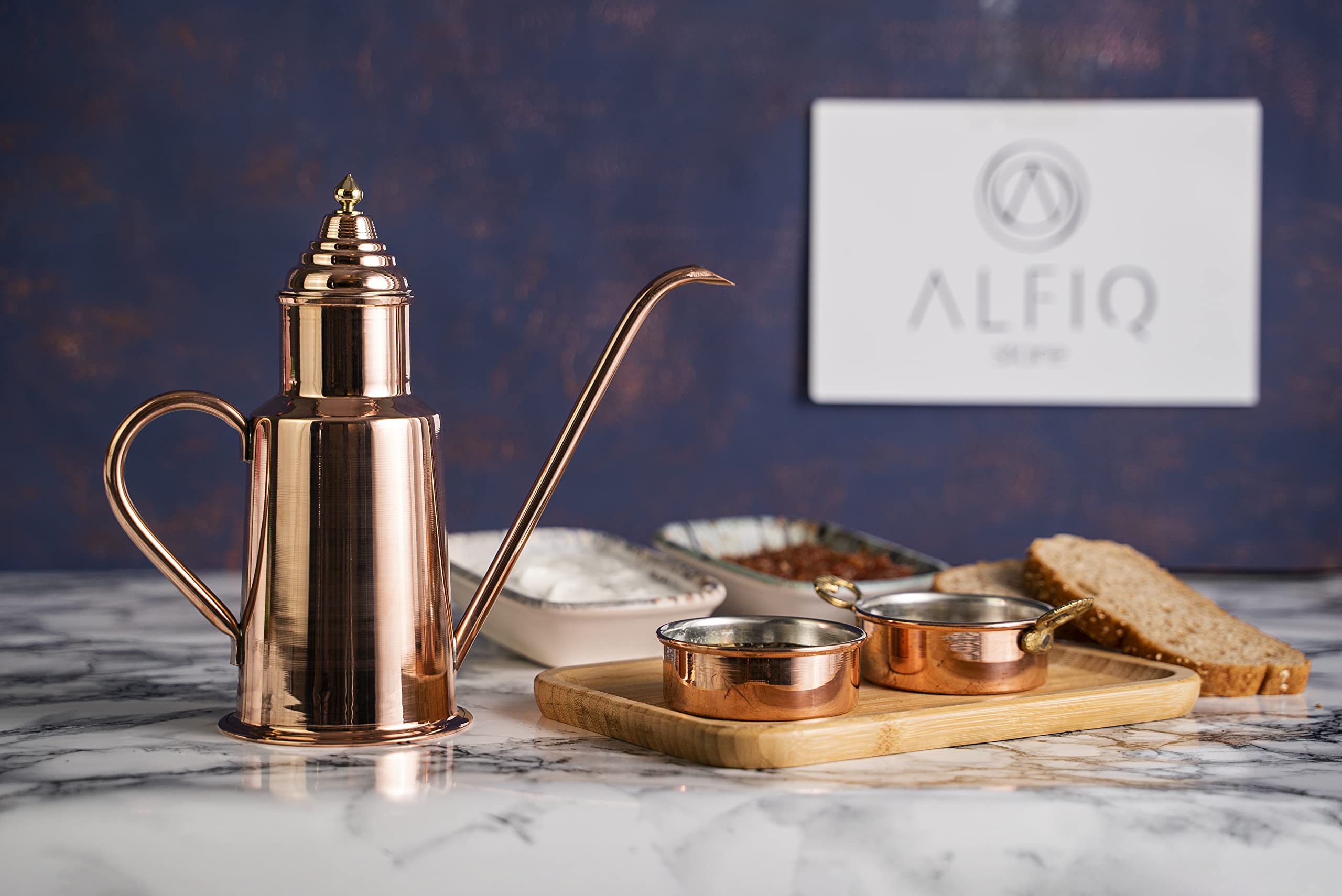 Handcrafted 600ml Solid Copper Olive Oil Dispenser Bottle with Brass Crown - Premium Oil Dipping Set for Kitchen & Dining | 100% Pure Copper | Perfect for Cooking, Salad Dressing & Bread Dipping