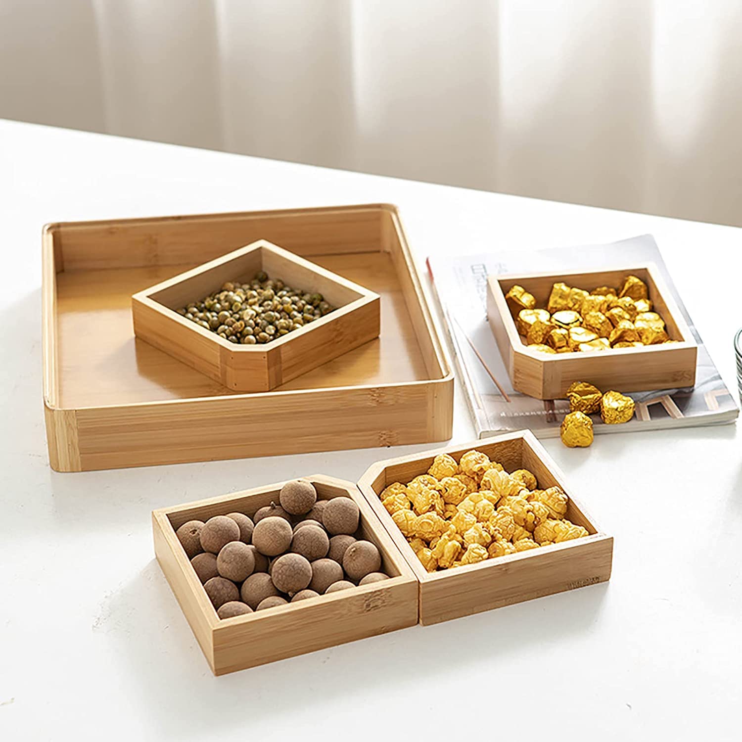 WUWEOT Bamboo Serving Tray with Acrylic Lid & Removable Dividers - Perfect for Nuts, Candy, Veggies, Appetizers, Taco Dips & Chips - Ideal for Parties, Entertaining & Home Use
