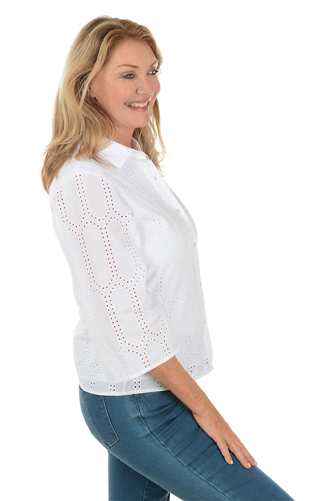 Bell Sleeve Eyelet Fabric Shirt for Women - Breathable Floral Blouse with Button Front & Lace Trim - Perfect for Summer Outfits, Boho Style & Casual Wear