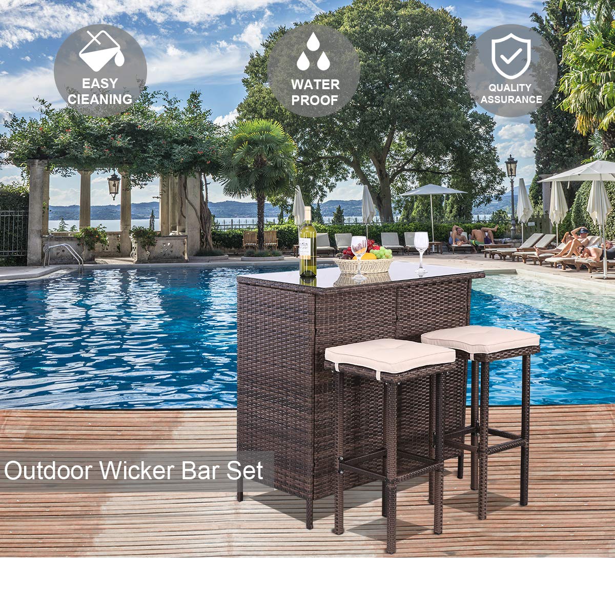 3PCS Outdoor Patio Bar Set with Stools & Glass Top Table - Beige Wicker Furniture with Removable Cushions for Backyard, Porch, Garden, Poolside - Perfect for Outdoor Entertaining & Relaxation