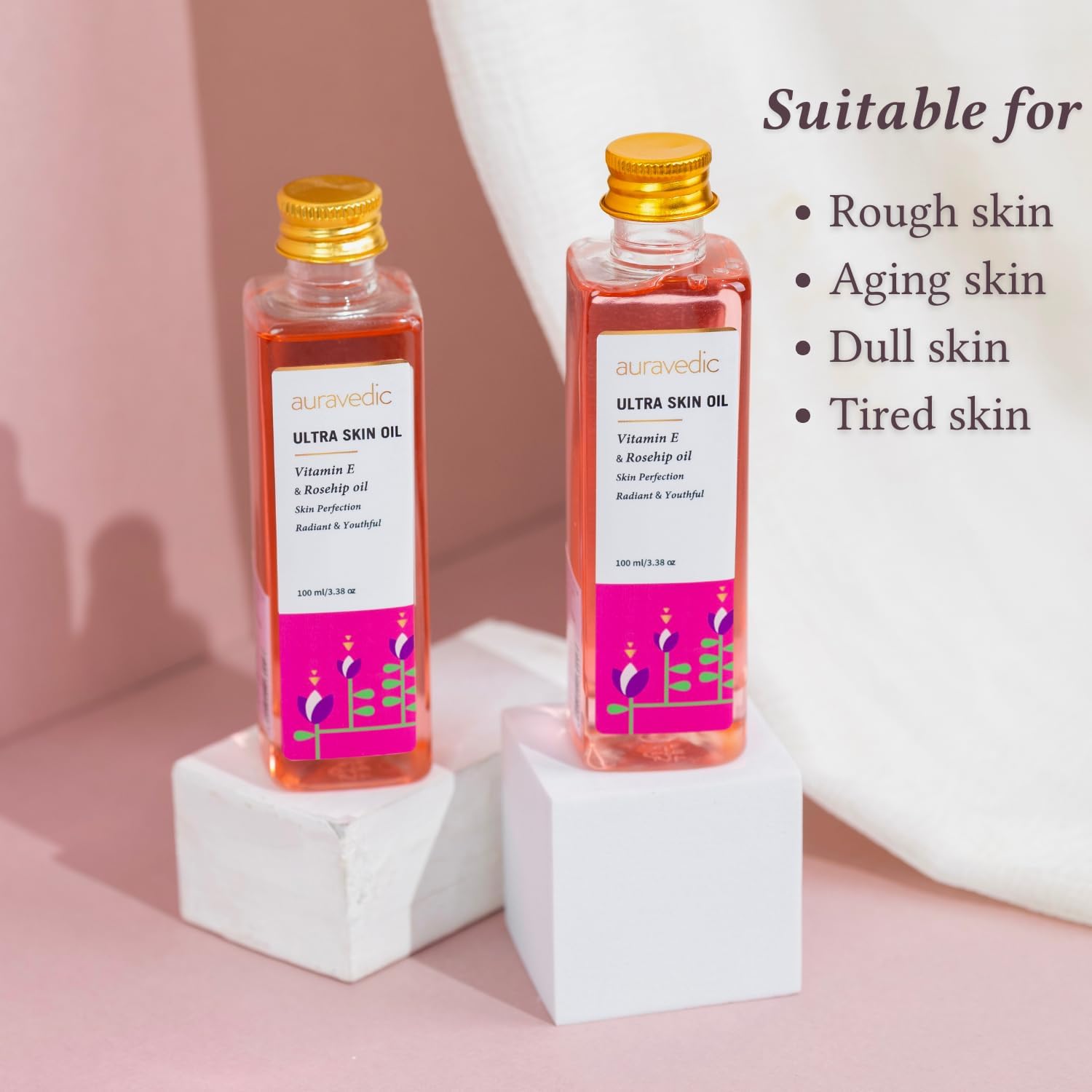 Auravedic Ultra Vitamin E Face & Body Oil with Rosehip, Almond, Olive, Jojoba & Orange Oils – 100ml Hydrating & Nourishing Skin Care for Glowing Complexion – Perfect for Daily After-Bath Use, Massage & Nighttime Skin Repair