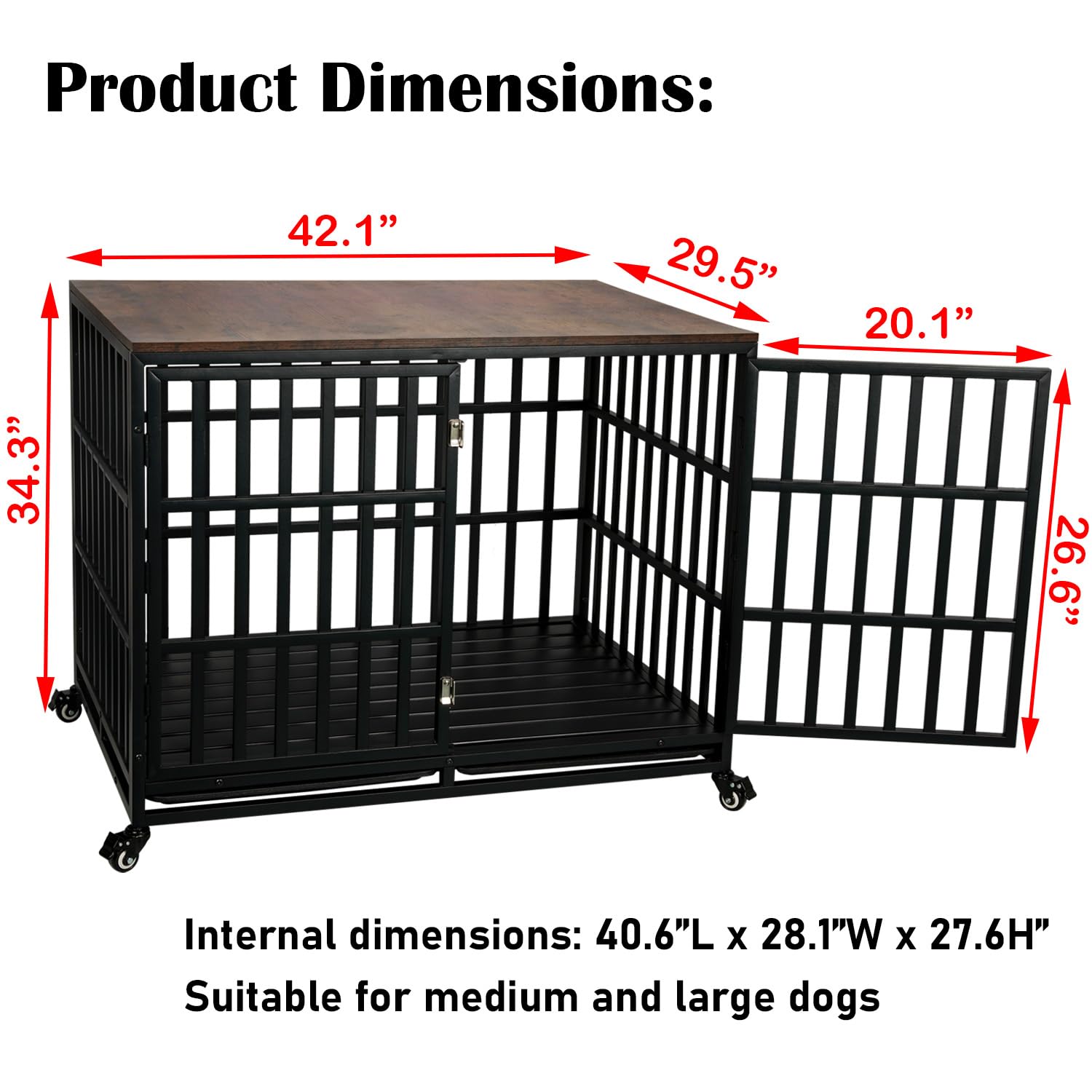 42'' Heavy Duty Rustic Wooden Dog Crate Furniture - Escape Proof Kennel Cage for Medium & Large Dogs with Wheels & Removable Tray | Indoor Pet House, Decorative End Table | Perfect for Living Rooms, Bedrooms & Home Offices