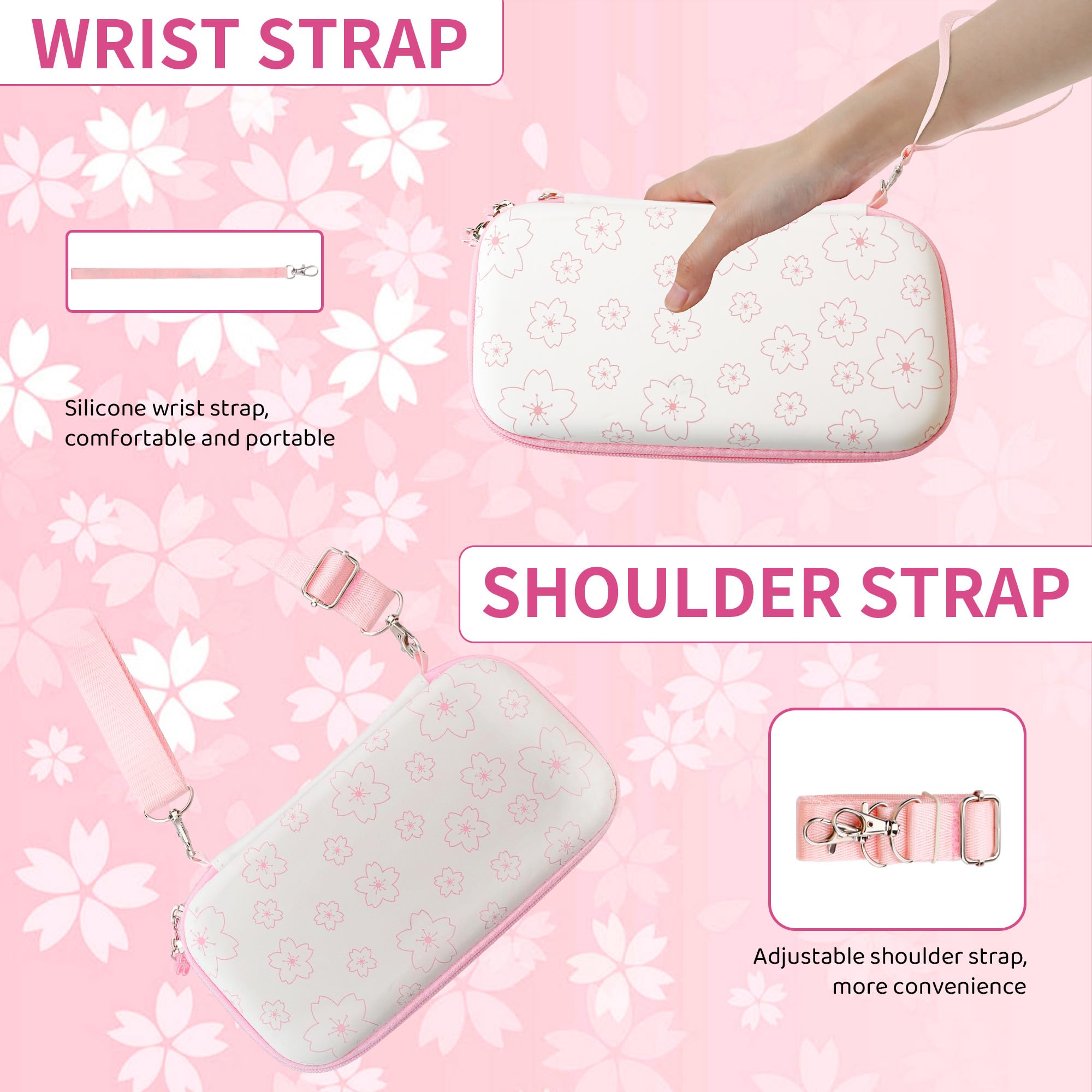 **FUNDIARY Pink & White Nintendo Switch Lite Travel Case with Sakura Design - Slim Storage Bag, Silicone Cover, Screen Protector, Handle Strap & 2 Thumb Caps - Perfect for Gaming On-The-Go & Travel Accessories**