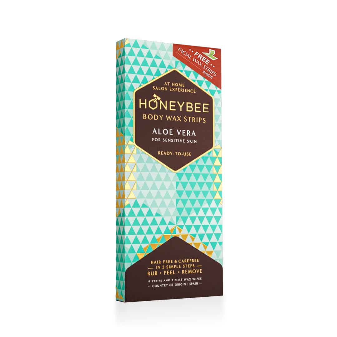 Honeybee Aloe Vera Wax Strips for Hair Removal - Full Body Waxing Kit for Legs, Arms, Underarms & Bikini Line | Gentle Cold Wax Strips for All Skin Types | At-Home Hair Removal Solution for Smooth Skin | Perfect for DIY Spa Days & Pre-Vacation Prep