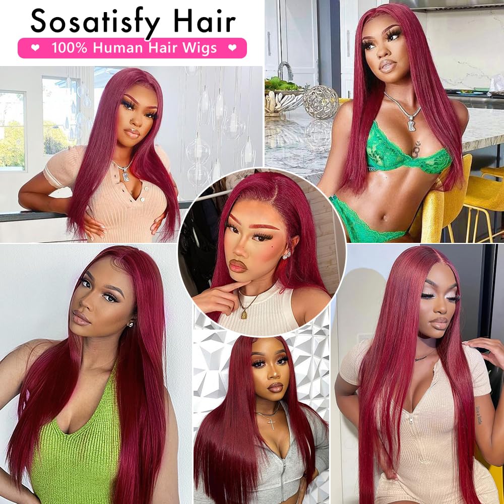 99J Burgundy Lace Front Wig Human Hair 13x4 Glueless HD Transparent Red Wig - 200% Density Pre Plucked with Baby Hair for Women (26 Inch) | Perfect for Cosplay, Parties, Weddings & Daily Wear