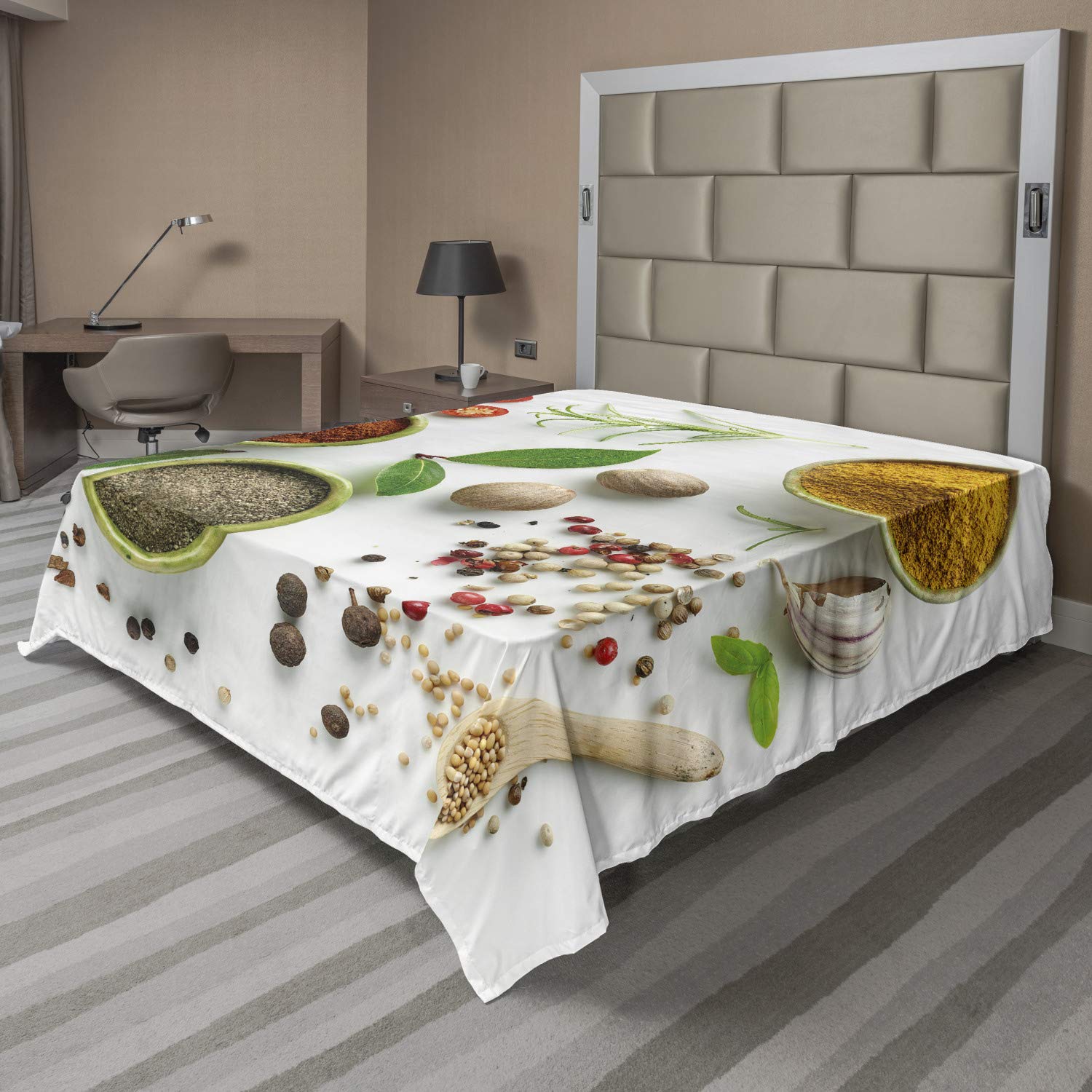 Ambesonne King Size Flat Sheet - Soft, Comfortable Decorative Bedding with Culinary Theme (Herbs, Spices & Dried Foods Top View) | Off White & Multicolor | Perfect for Guest Rooms, Dorm Decor or Culinary-Themed Bedrooms