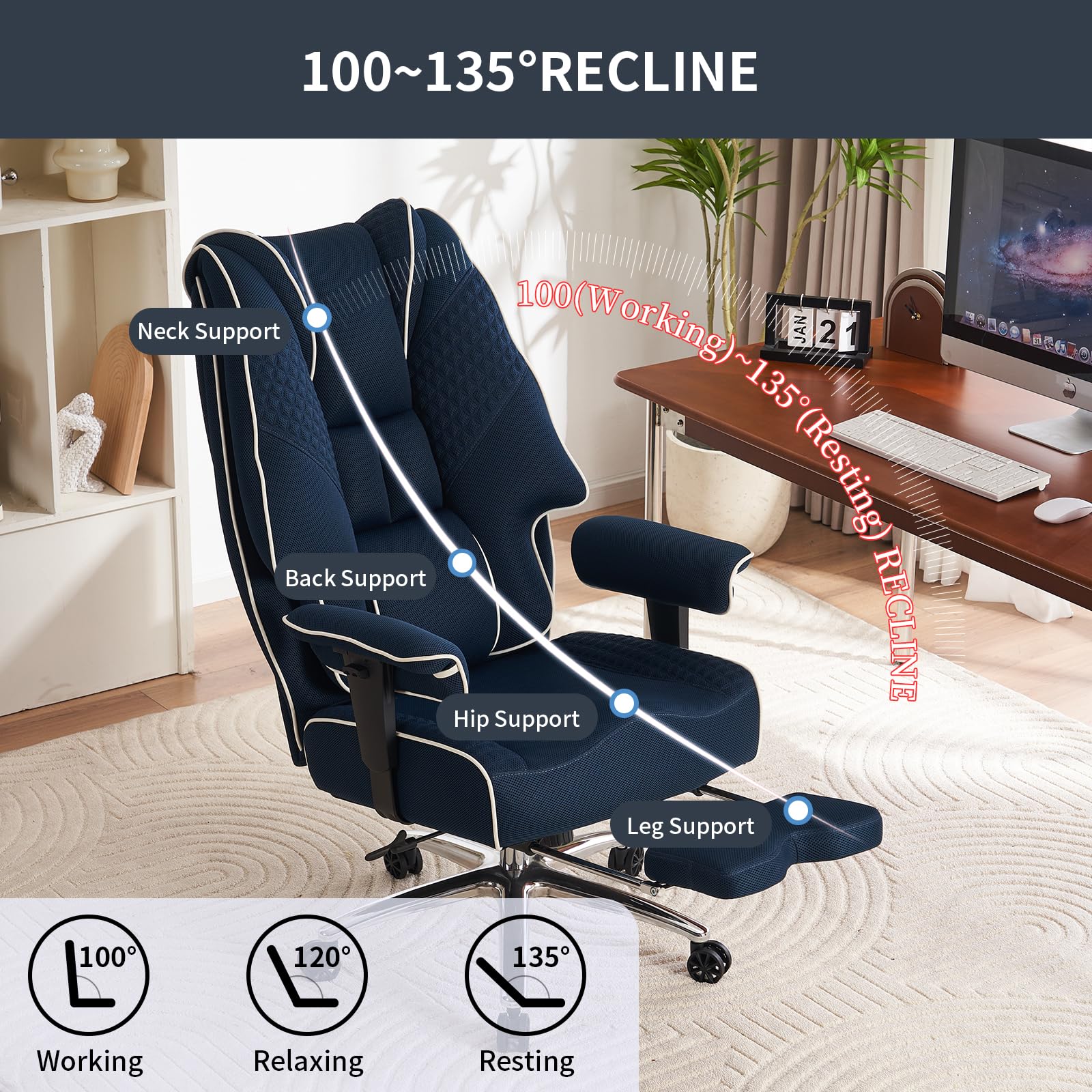 Heavy Duty Big and Tall Office Chair 400lbs Capacity - Wide Seat Ergonomic Executive Chair with Adjustable Lumbar Support & Footrest - Breathable Mesh High Back for Back Pain Relief (Dark Blue) - Perfect for Home Office, Gaming, and Long Work Sessions