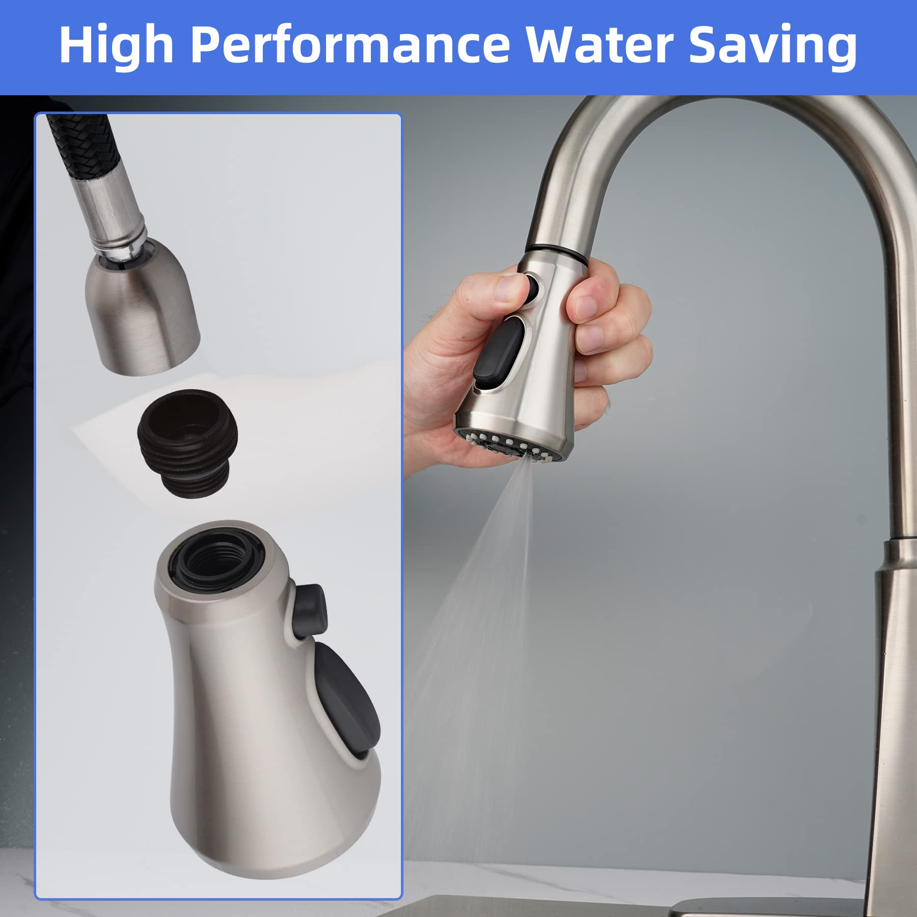 iFealClear Universal Pull Down Kitchen Faucet Head Replacement - 3 Function Anti-Splash Sprayer with 15 Adapters, Brushed Nickel Finish | Perfect for Home Kitchen Sink Upgrade & Easy Installation