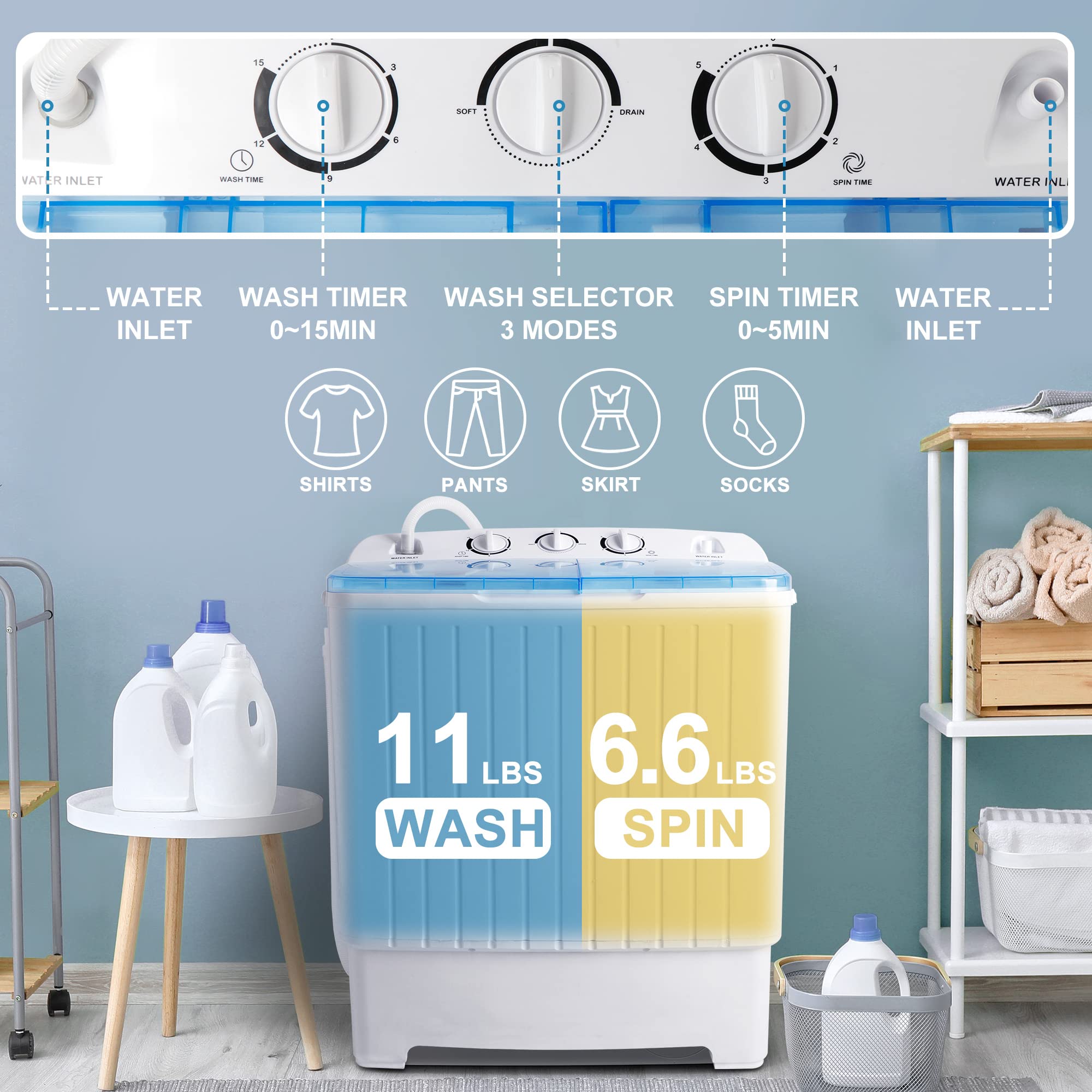 Portable Washing Machine - Compact Mini Twin Tub 11lbs Washer & 6.6lbs Spinner with Built-in Gravity Drain | Ideal for Apartments, Dorms, RVs & Small Spaces | Perfect for Travel, Camping & Emergency Use