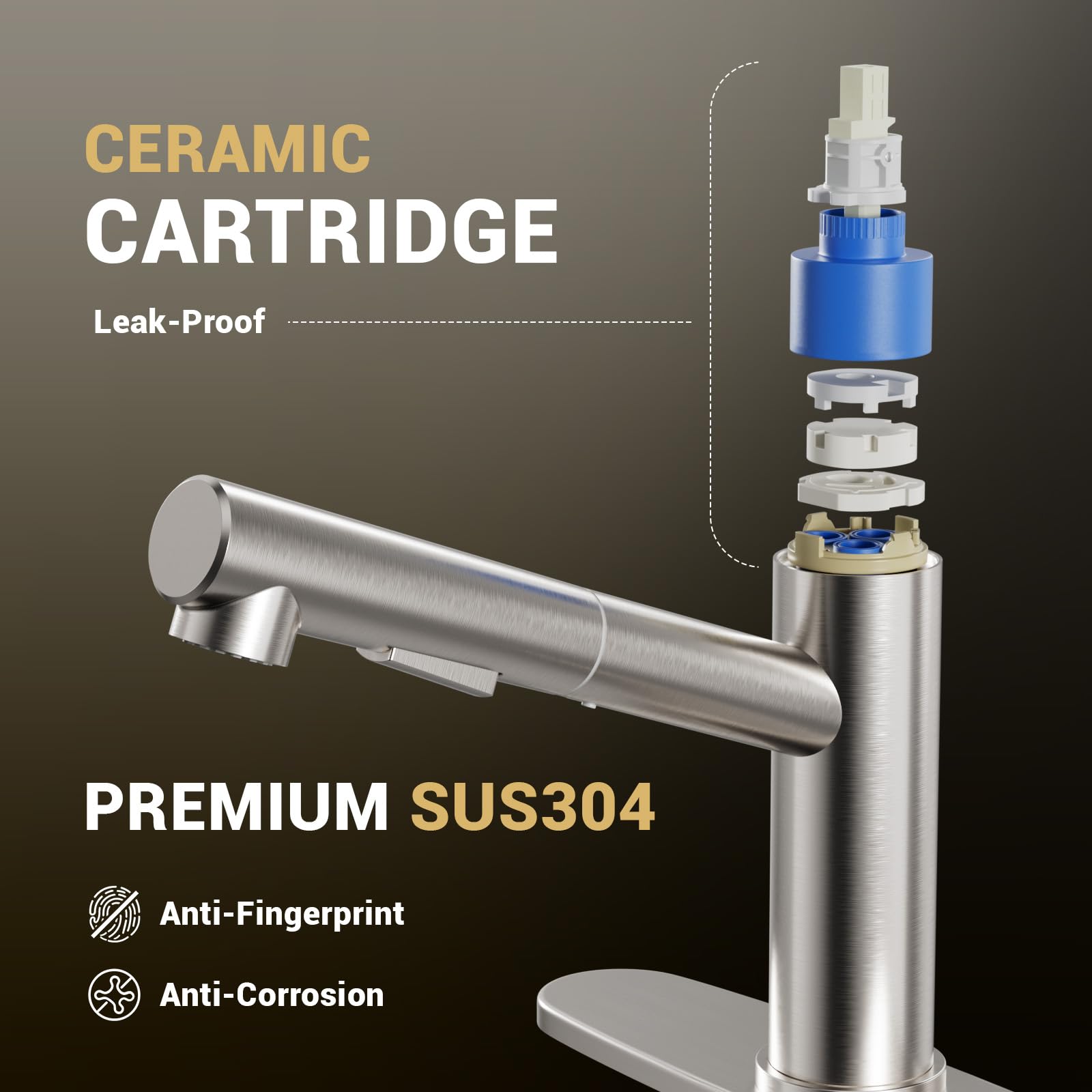 APPASO Brushed Nickel Pull-Out Kitchen Faucet with Sprayer - Single Handle Low Arc Design for 1 or 3 Hole Installation - Perfect for Kitchen, Bathroom, RV & Bar Sinks - Easy Cleaning & Food Prep Solution