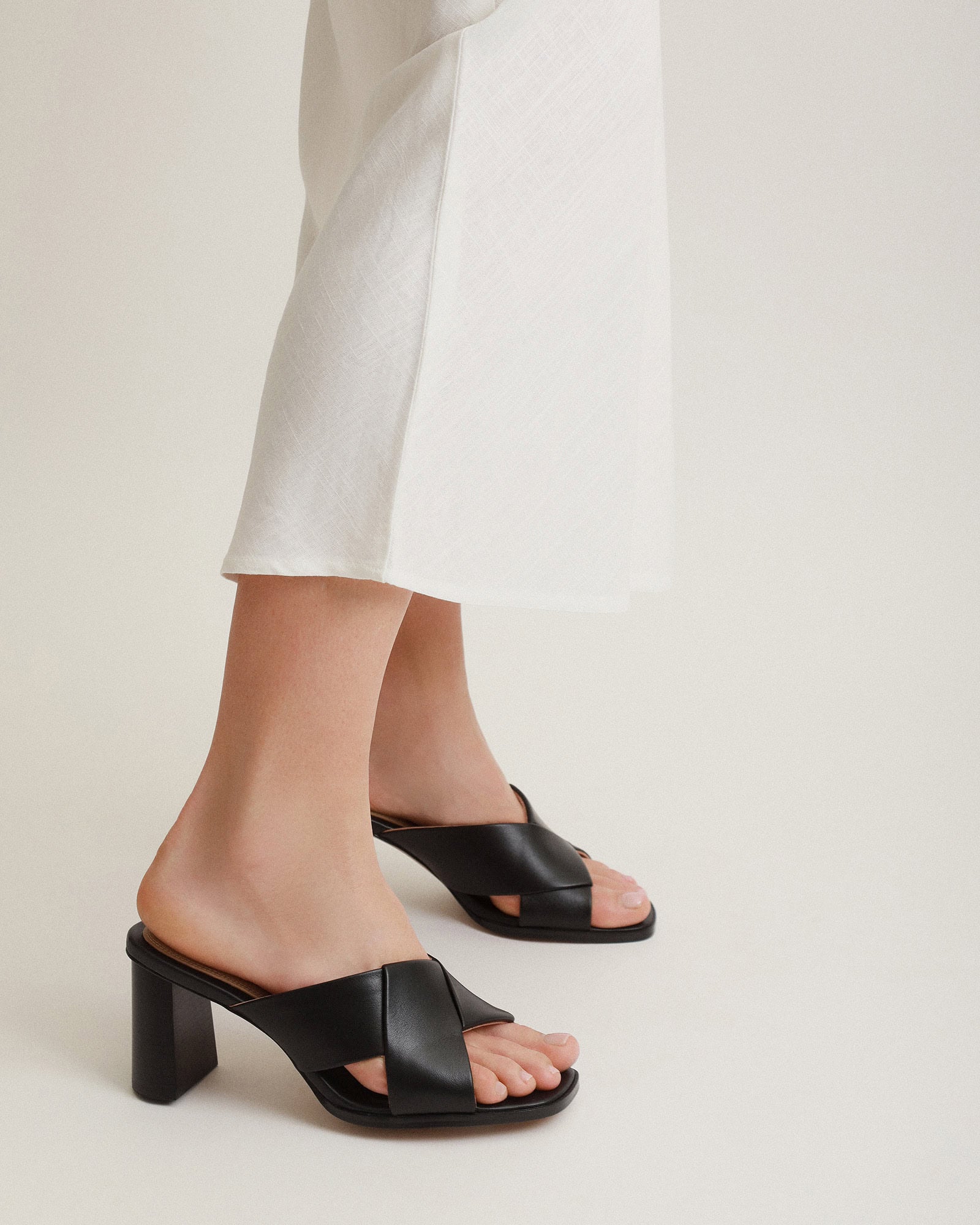 CARRIE Women's Black Leather Mid Heel Sandals - Comfortable Dressy Summer Shoes for Weddings, Parties & Office Wear