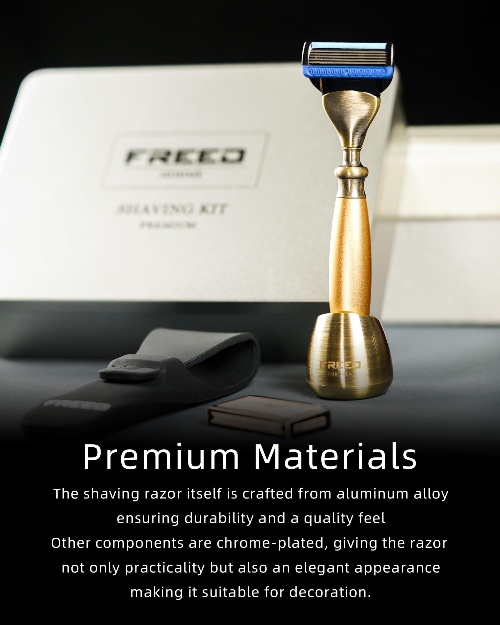 Premium 5-Blade Razor Travel Set - Bronze Series with 5 Blades, Travel Case & Razor Stand - Durable Aluminum Alloy Men's Grooming Gift (Gold) - Perfect for Business Trips, Vacations & Daily Shaving