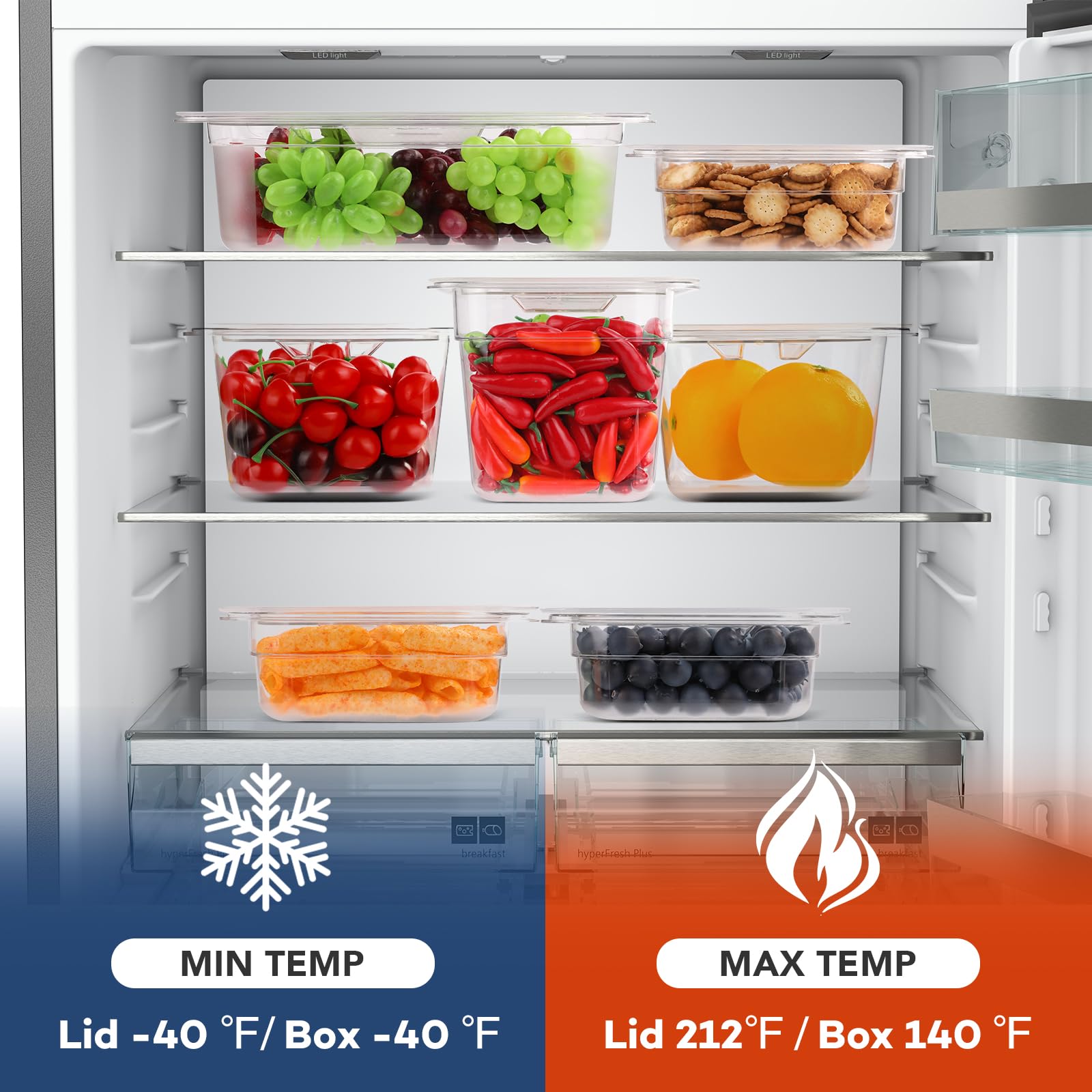 VOISEN 6-Pack 1/3 Size Food Storage Containers with Lids - Clear Polycarbonate for Fridge, Salad, Fruits & Vegetables