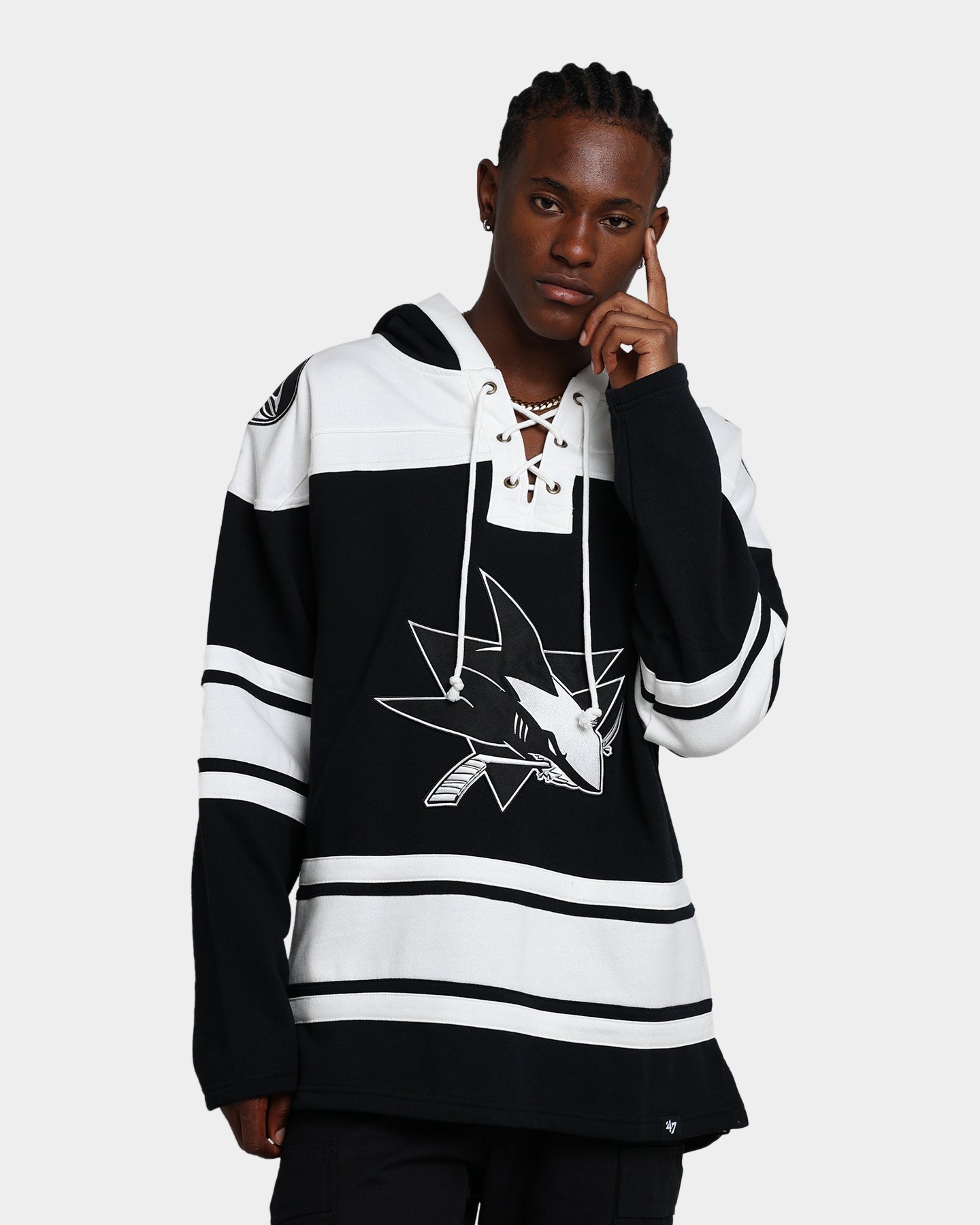 47 Brand San Jose Sharks Superior Lacer Hoodie - Men's NHL Hockey Team Pullover Sweatshirt - Jet Black - Perfect for Game Day & Casual Wear