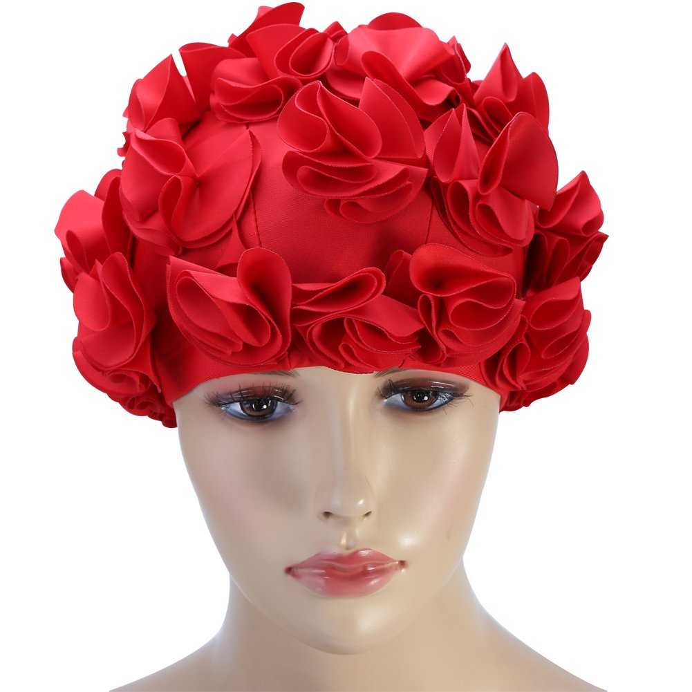 Women's Retro Floral Swim Cap for Long Hair - Elastic Bathing Hat for Adults & Kids - Red - Perfect for Swimming, Beach, and Water Aerobics