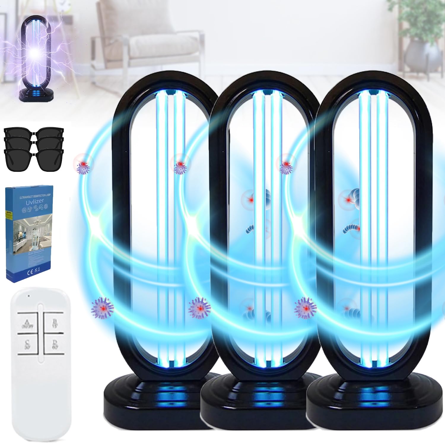 UVLIZER UVO254 Home Disinfection Tower - 60W 110V UV Sanitizer with 3-Speed Timer & Remote Control | Ozone Generator for Basement, Bedroom, Kitchen | Eliminates Germs, Bacteria & Viruses | Ideal for Home, Office & Travel Use