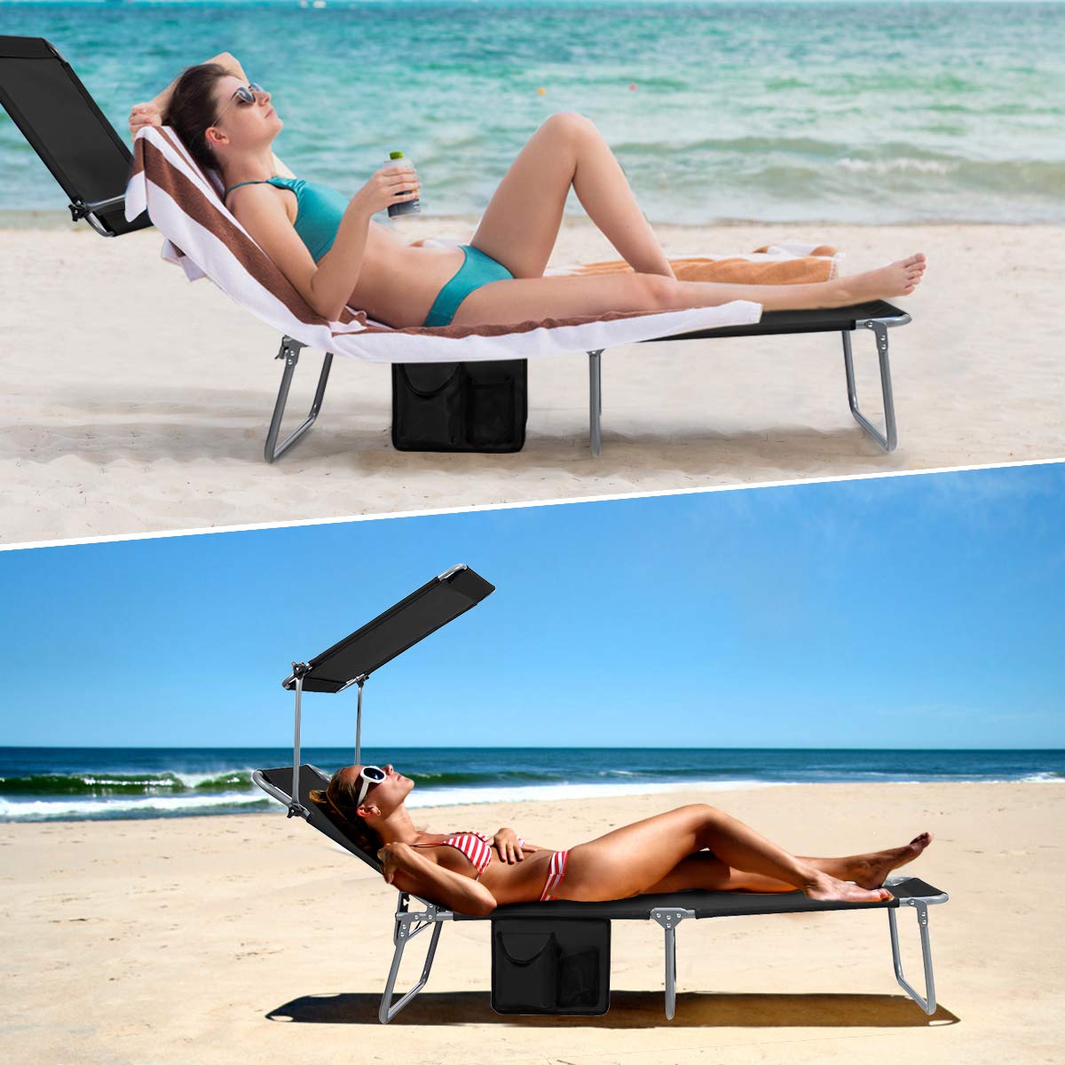 Giantex Adjustable Tanning Chair with Canopy & Storage - 5-Position Patio Chaise Lounge, Foldable Beach Chair for Poolside, Lawn, Camping - Outdoor Sunbathing Recliner (Black) - Perfect for Backyard Relaxation, Beach Vacations & Outdoor Lounging