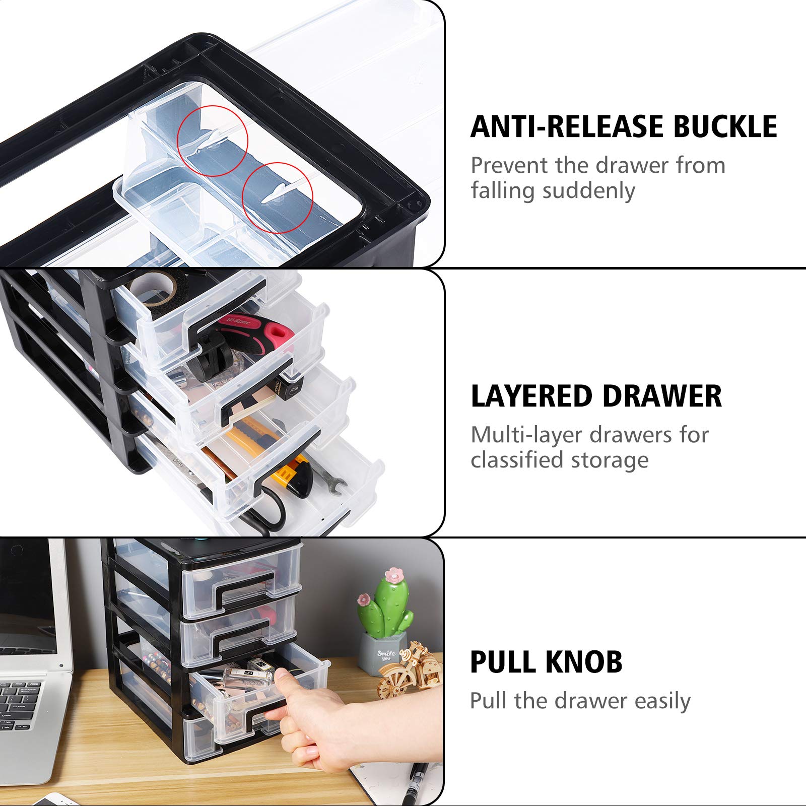 BESPORTBLE 4-Drawer Plastic Storage Organizer - Portable Multifunctional Closet & Home Storage Rack (Black/Transparent) - Perfect for Bedroom, Office, Bathroom & Kids Room Organization