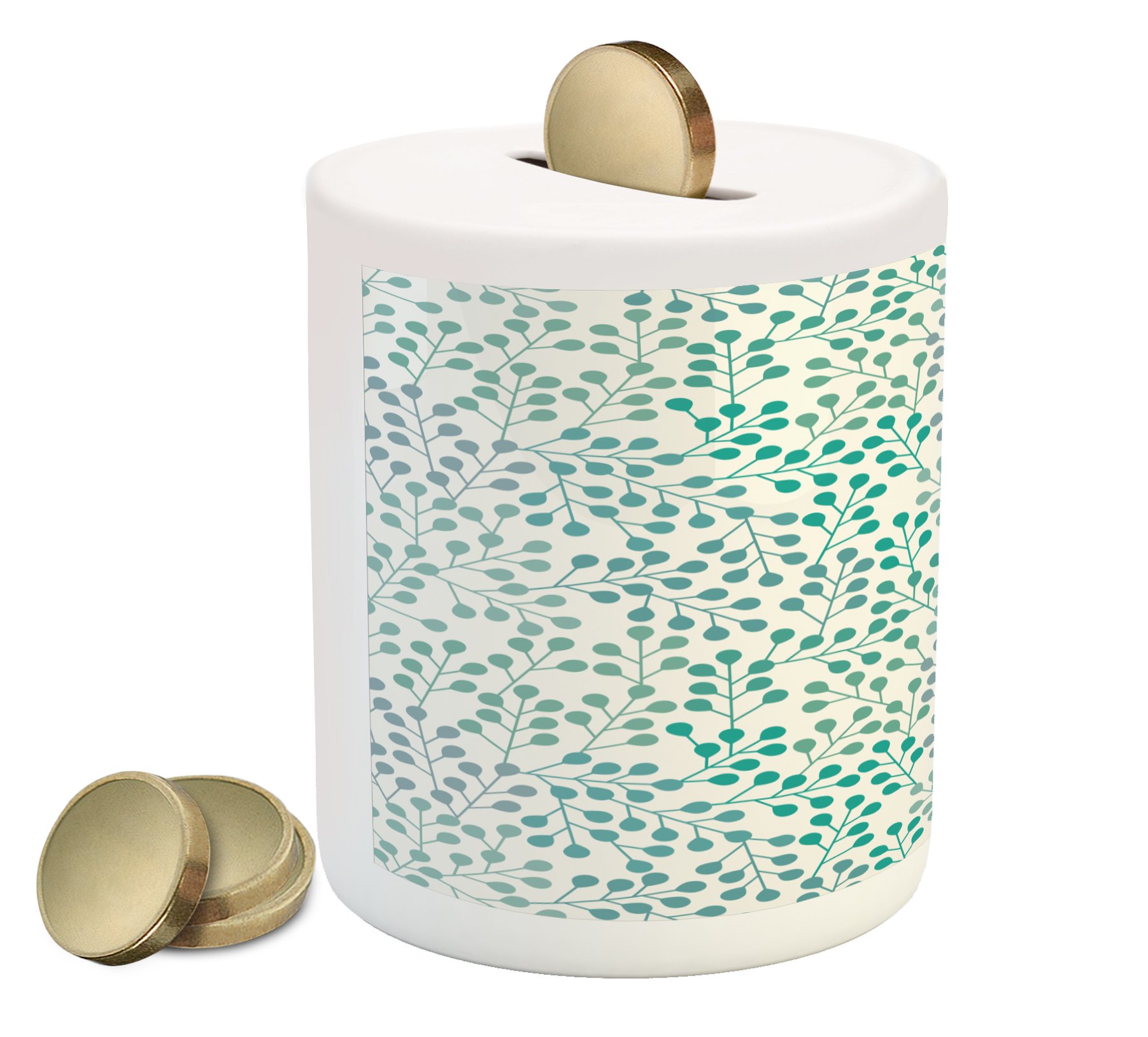 Ambesonne Romantic Piggy Bank - Minimalist Ceramic Coin Bank with Vintage Branch Artwork in Teal Slate Blue | Perfect for Cash Savings, Home Decor & Gift Giving