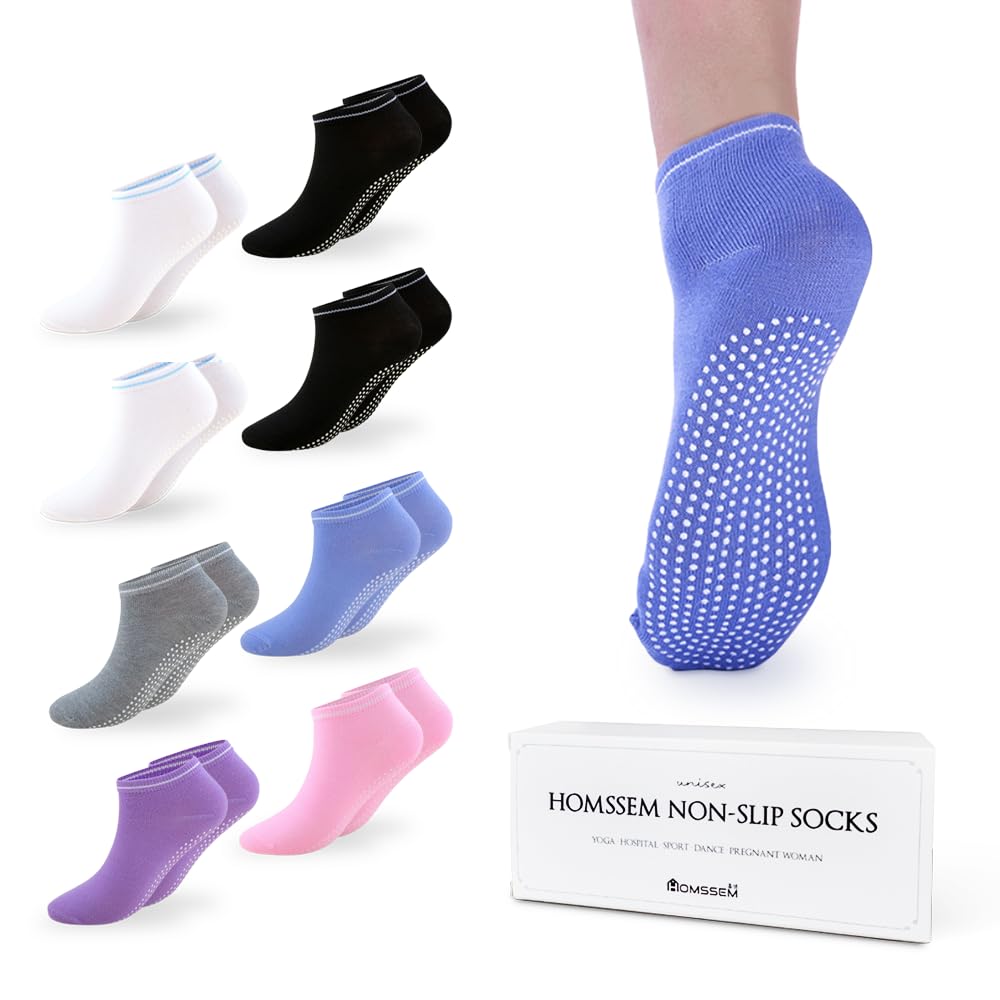 HOMSSEM Non-Slip Grip Socks - 8 Pairs Unisex Anti-Skid Yoga Socks for Pilates, Barre, Hospital & Home Use - Perfect for Workout, Dance and Post-Surgery Recovery