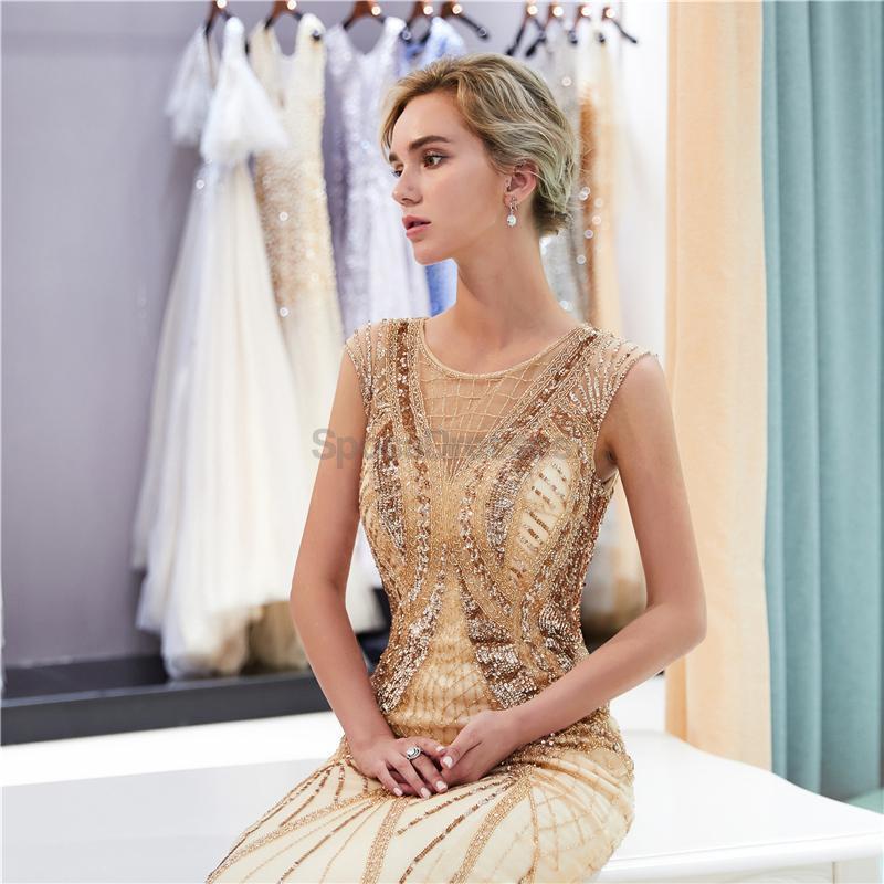 Elegant Gold Rhinestone Beaded Mermaid Prom Dress for Evening Party & Formal Events - Perfect for Homecoming, Prom Night, and Special Occasions