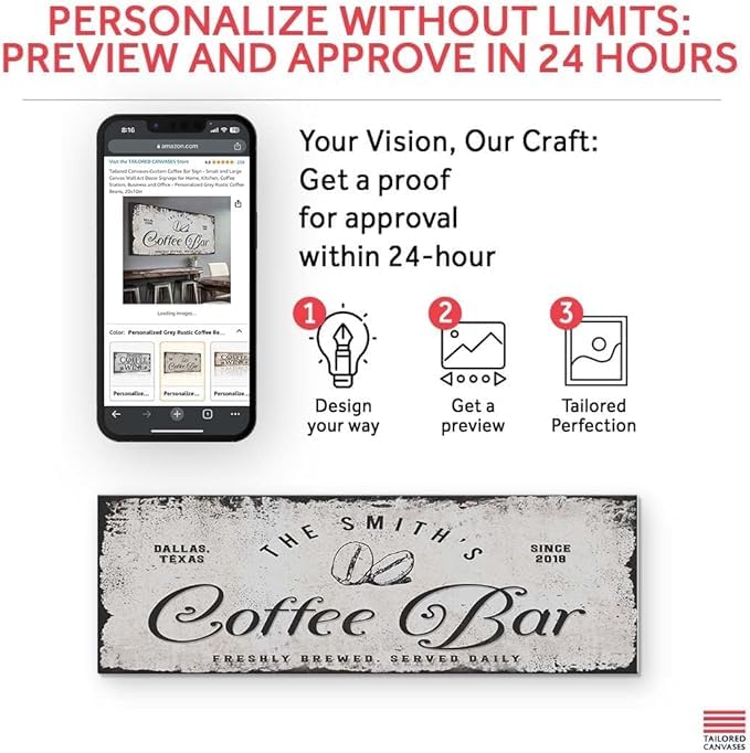 Custom Coffee Bar Sign - Personalized Grey Rustic Coffee Beans Wall Art - 48x16in Canvas Decor for Home, Kitchen, Coffee Station, Office & Business - Perfect for Farmhouse, Café & Wedding Decor