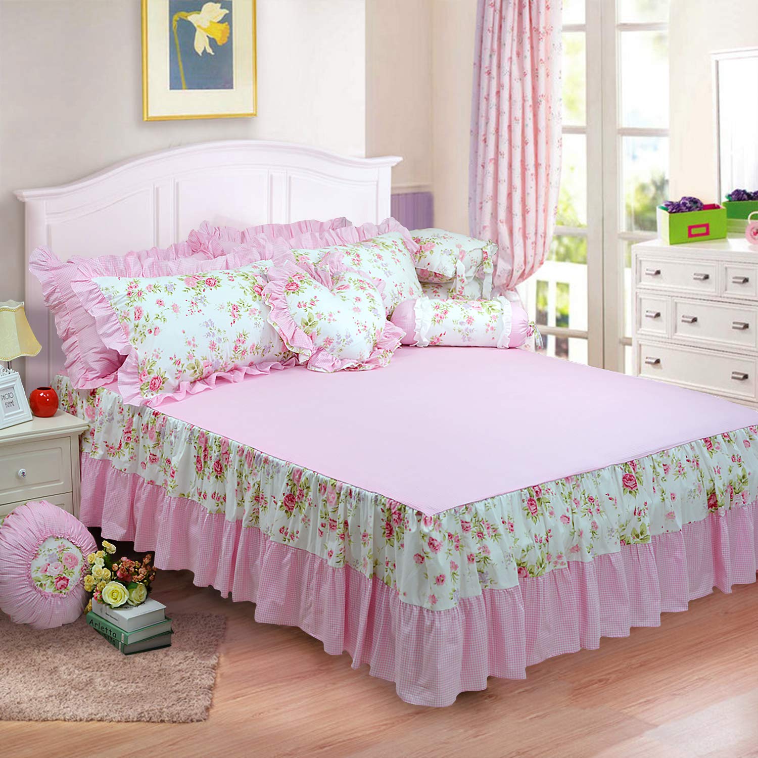 FADFAY Shabby Pink Duvet Cover Set - Rose Floral Bedding Collection with Elegant Princess Lace Ruffle - 4 Piece Full Size Quilt Cover for Girls - Perfect for Princess Themed Bedrooms, Teen Rooms & Gift Giving