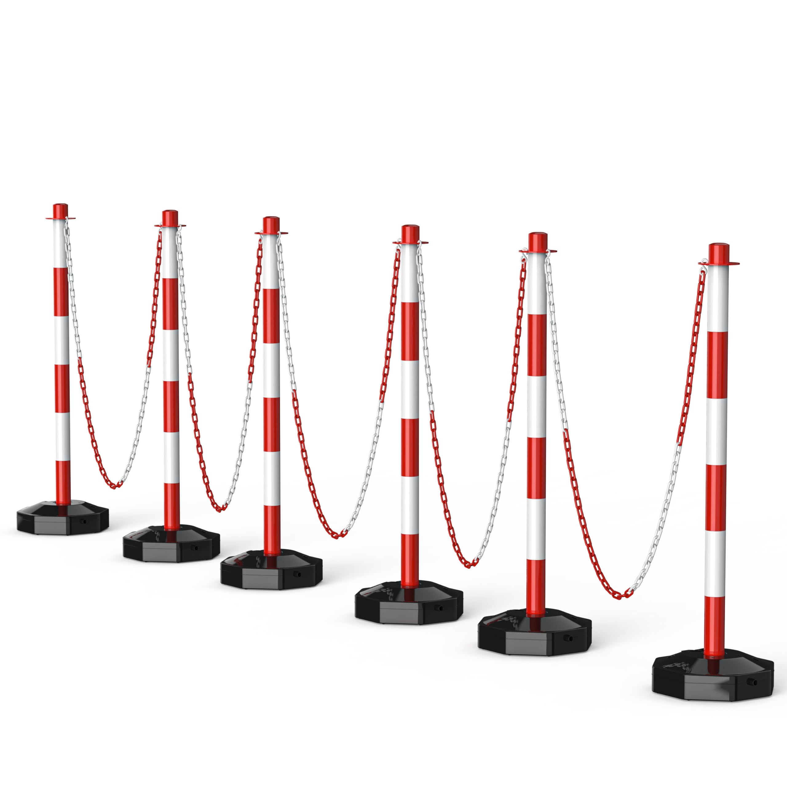 6 Pack Traffic Delineator Cones with Fillable Base - Adjustable Plastic Safety Barriers for Indoor/Outdoor Crowd Control - Includes 5Ft Plastic Chain for Stanchion Posts (Red & White) - Perfect for Parking Lots, Construction Sites & Event Management