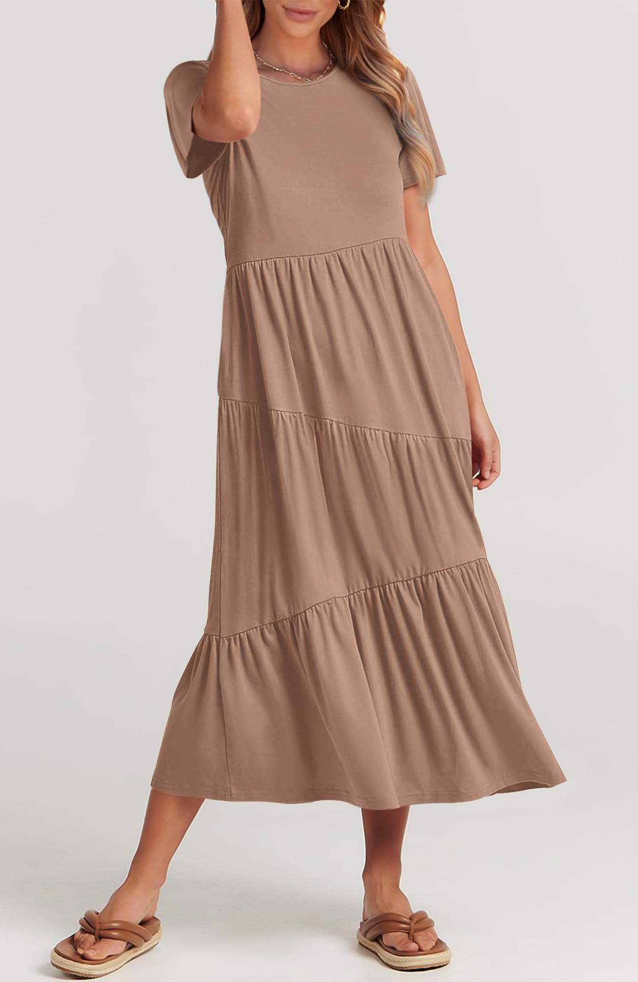 BTFBM Women's Summer Casual Short Sleeve Maxi Dress - Crewneck Solid Color Wedding Guest Dress with Pockets | Perfect for Beach Vacations, Garden Parties & Date Nights