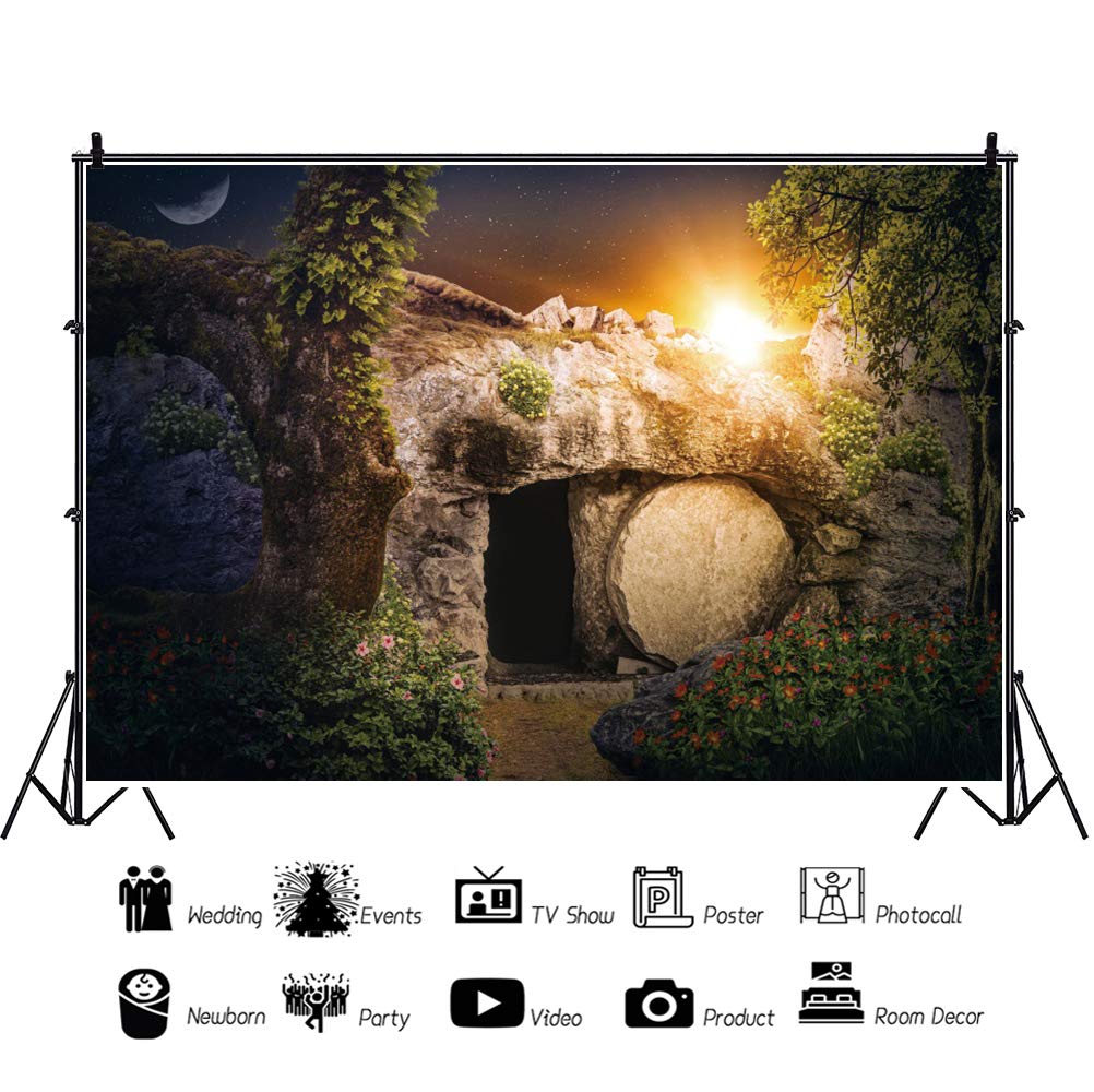 10x7ft Empty Stone Tomb Photography Backdrop - Jesus Christ Crucifixion Scene with Holy Cross & Divine Lighting - Christian Religious Photo Studio Props for Portraits, Prayers, Easter, Christmas Decor (Wallpaper Background for Kids & Adults)