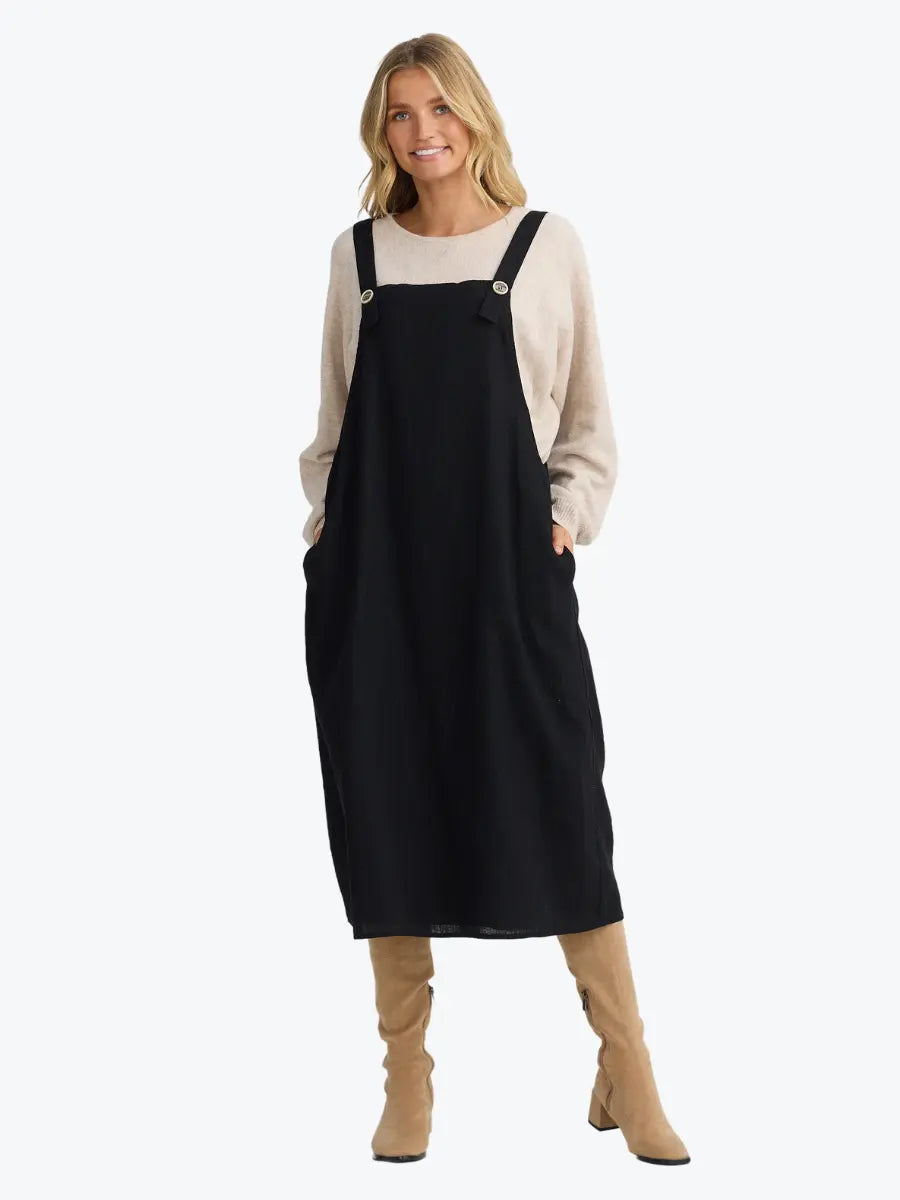 Shanty SH25045 Women's Black Linen Pinafore Dress with Seasame Print - Casual Summer Outfit for Beach, Picnic & Boho Style Fashion