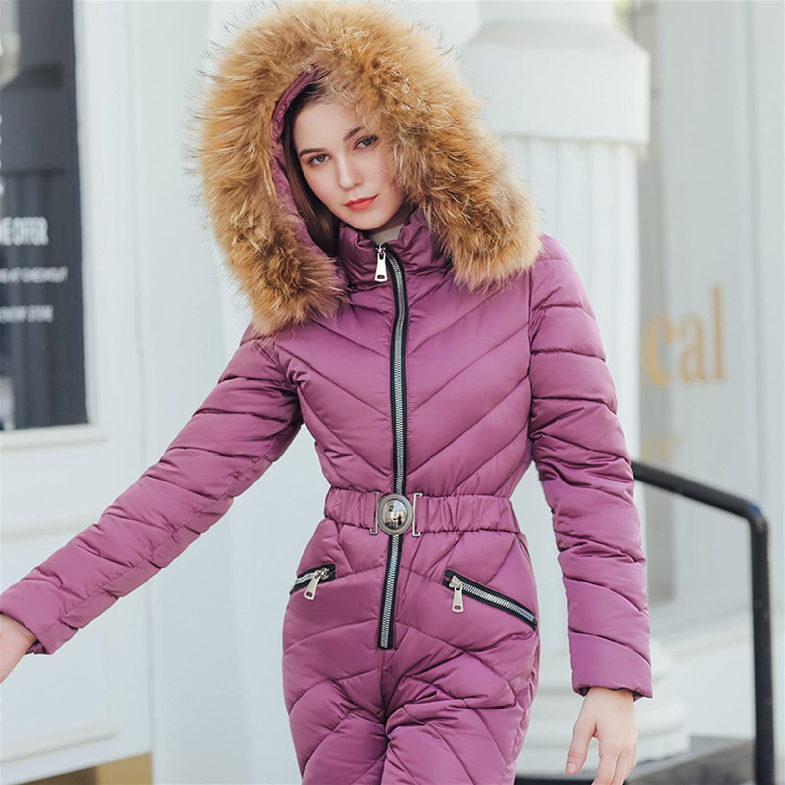 Women's Winter Ski Jumpsuit - Lightweight Warm Windproof Snowsuit with Fur Hood & Collar for Skiing, Snowboarding & Outdoor Winter Activities