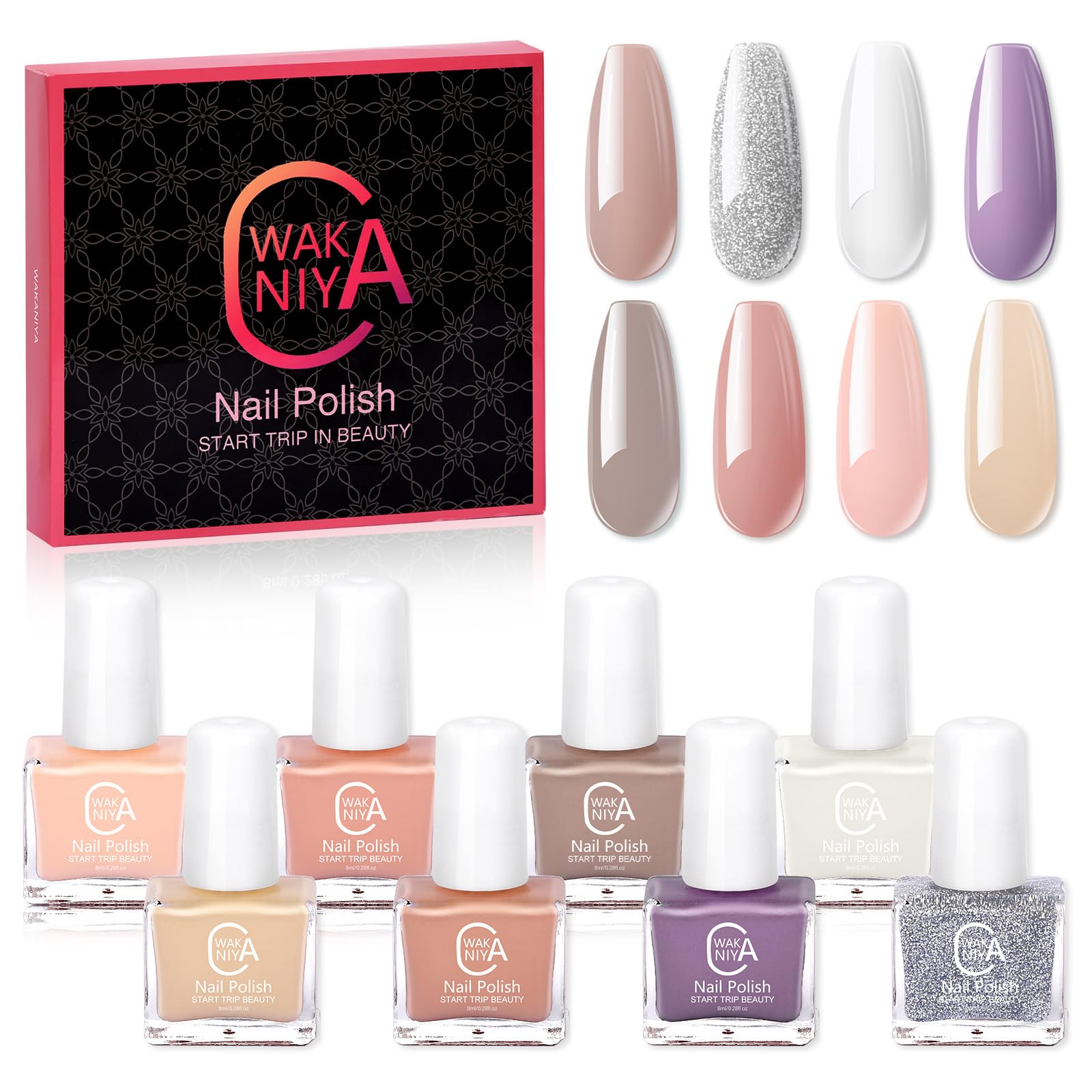 Wakaniya 8 Colors Nail Polish Set - Quick Dry Nude Pink White Purple Mini & Regular Size Nail Lacquer for Women | Beginner Friendly Nail Art Kit, Perfect for Home Manicure, Toenail Care & Gift Giving