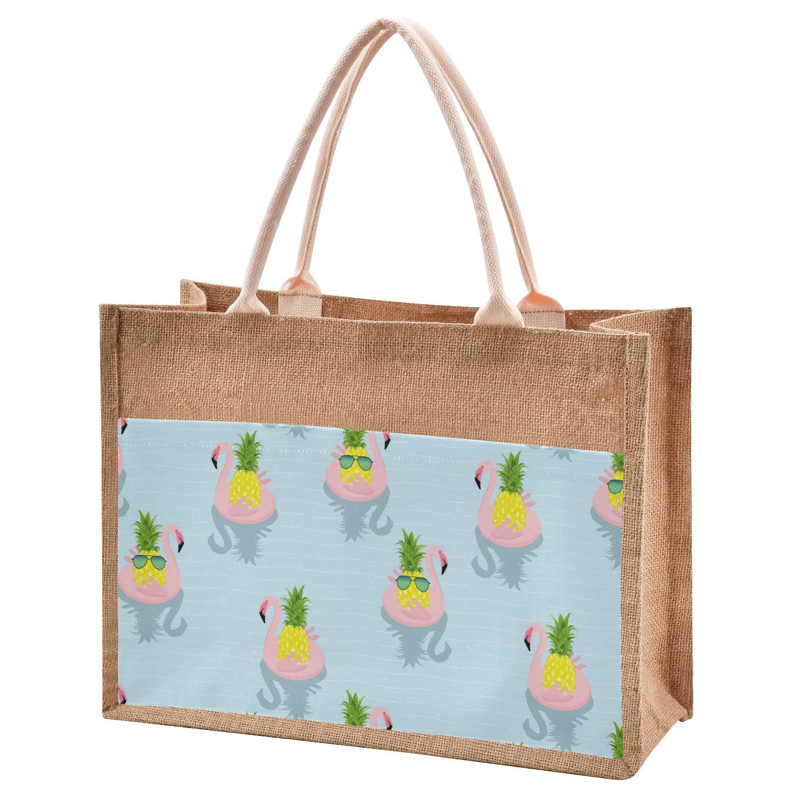 Stylish Flamingo Pineapple Jute Tote Bag - Eco-Friendly Reusable Straw Beach Bag for Shopping, Groceries & Wedding Gifts | Perfect for Summer Outings, Picnics & Farmers Markets