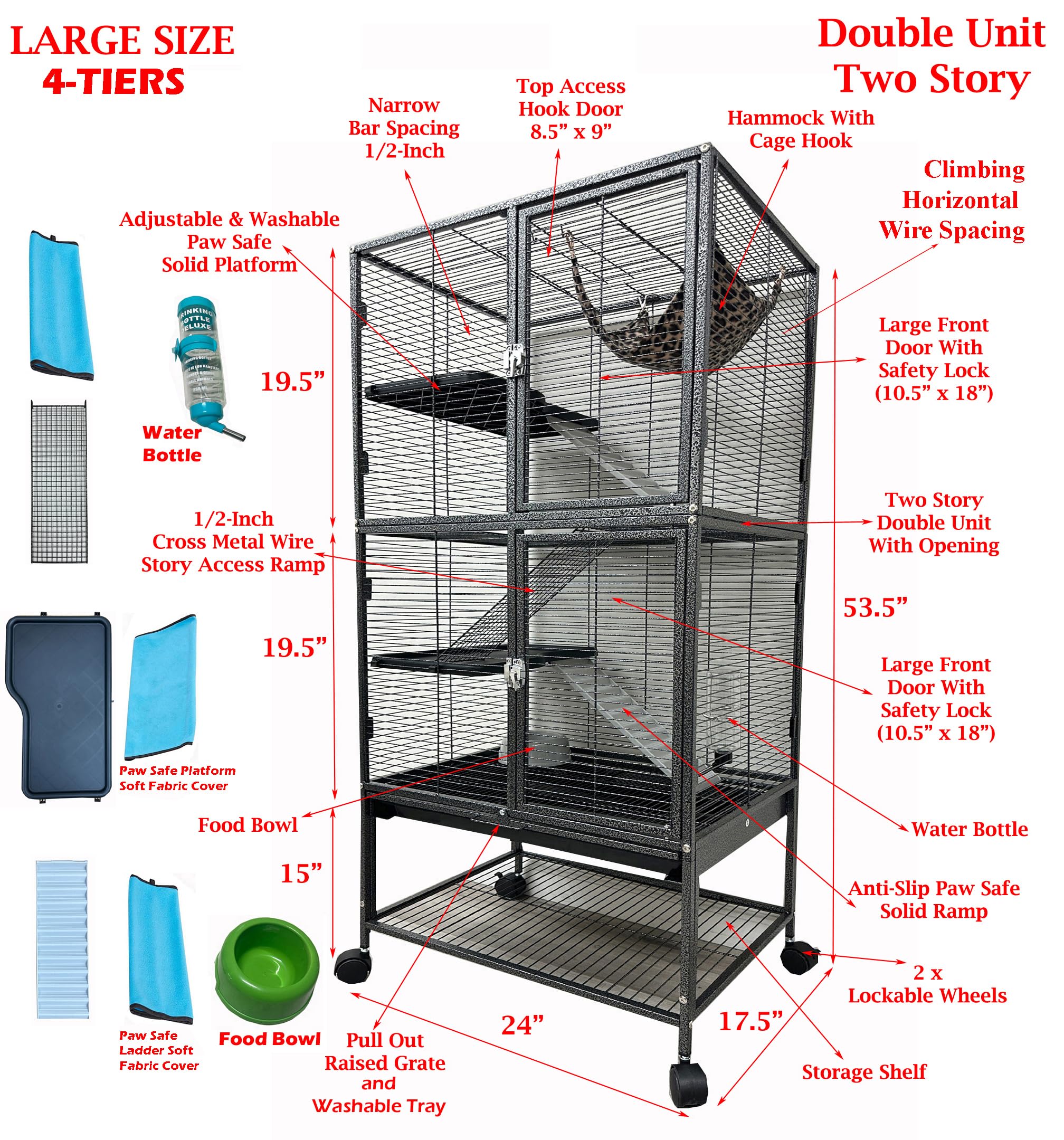 Large 2-Story 4-Tier Small Animal Cage with 1/2-Inch Bar Spacing - Secure Habitat for Ferrets, Chinchillas, Rats, Hamsters & Gerbils - Perfect for Playtime, Sleeping & Exercise in Home or Office