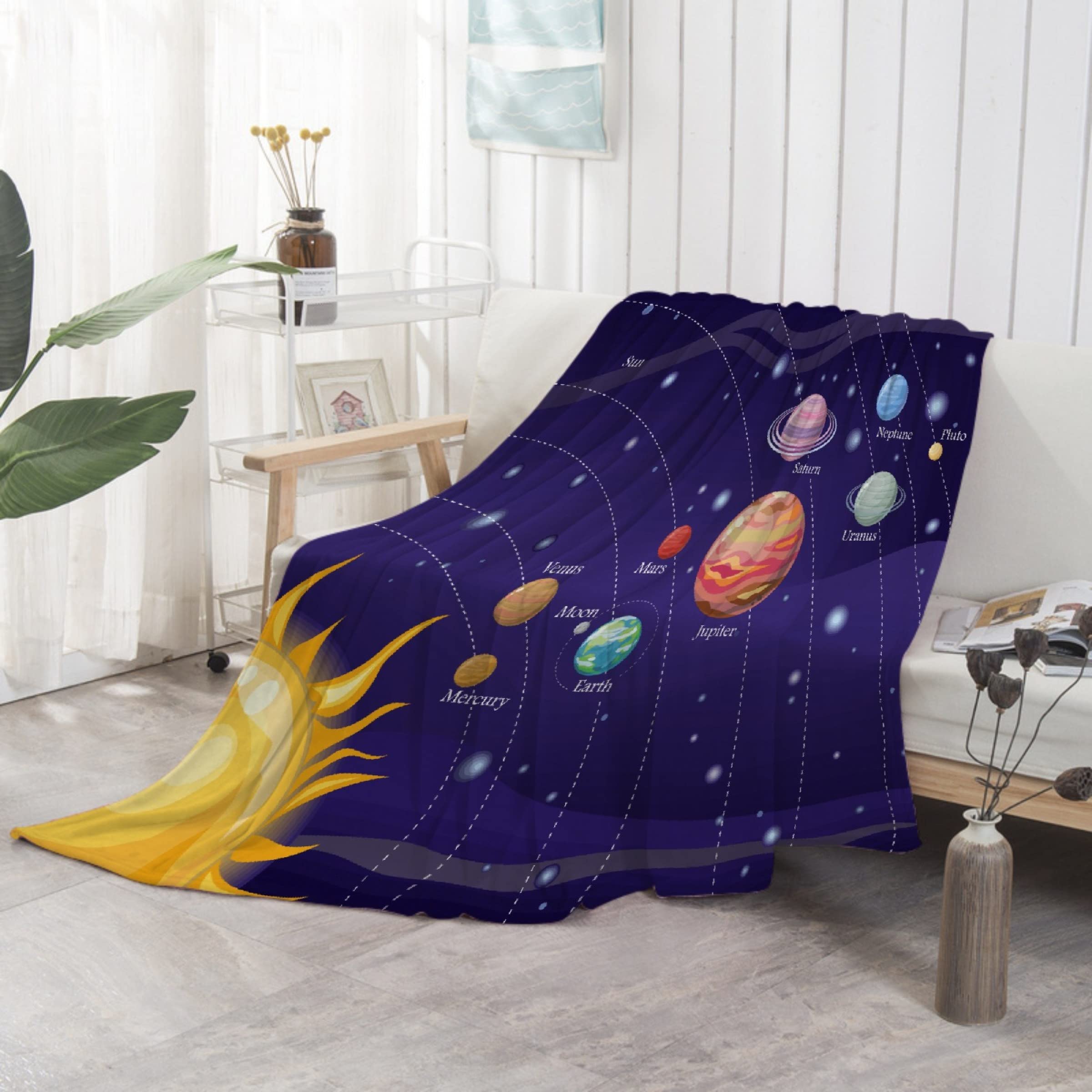 Anantacaritra Solar System Flannel Throw Blanket - Soft, Lightweight & Plush for Couch, Bed, Sofa - Extra Large 120x90 Inches - Perfect for Kids, Adults & Pets - All Seasons Use - Great for Stargazing, Movie Nights & Family Snuggles