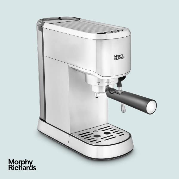 Morphy Richards Compact Espresso Machine with Milk Frother - 1L Water Tank, Dual Cup, Variable Steam Control - Works with Ground Coffee & ESE Pods - Stainless Steel (Model 172022) - Perfect for Home, Office or Small Cafes