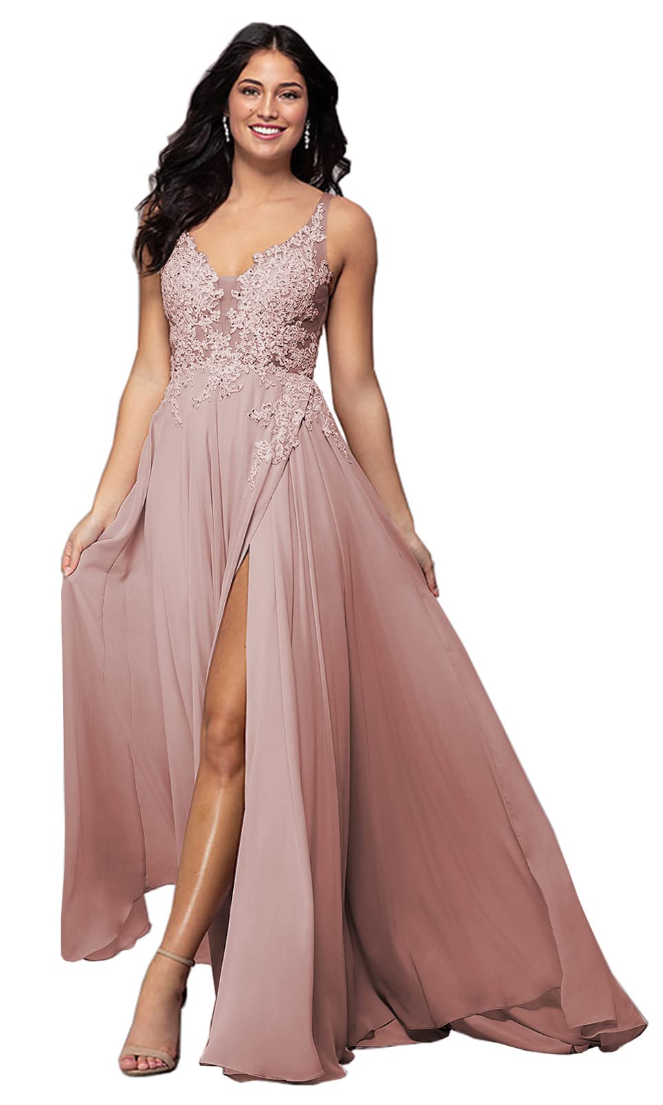 Elegant Women's V-Neck Lace Applique Prom Dress - Long Chiffon A-Line Formal Evening Gown with High Slit | Perfect for Homecoming, Wedding Guest, Cocktail Party & Special Occasions