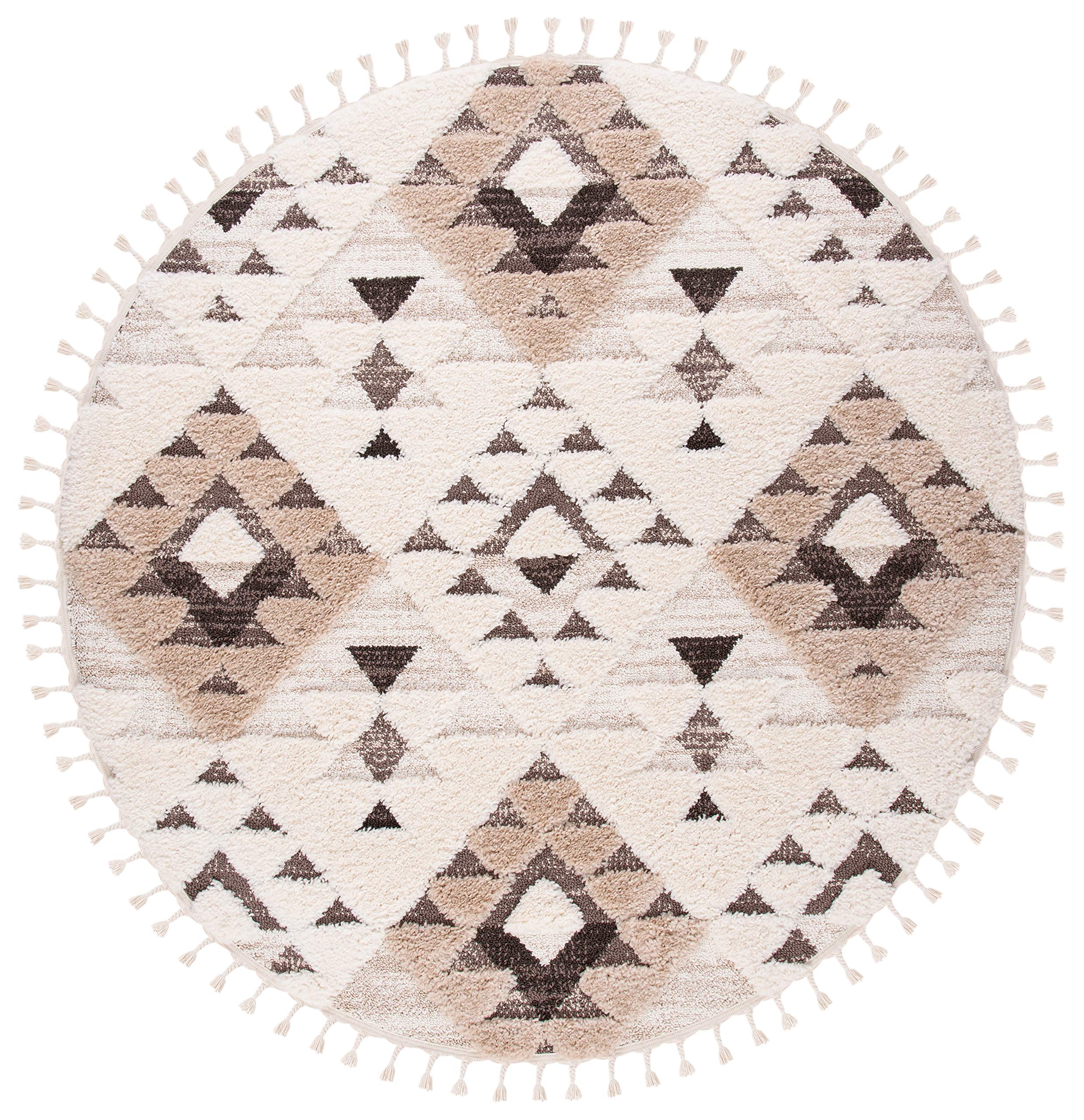 SAFAVIEH Moroccan Tassel Shag Collection 9' Round Area Rug - Ivory & Brown Boho Chic Non-Shedding Easy Care 2-Inch Thick Plush Rug for Living Room Bedroom Dorm Office High Traffic Areas | MTS688A