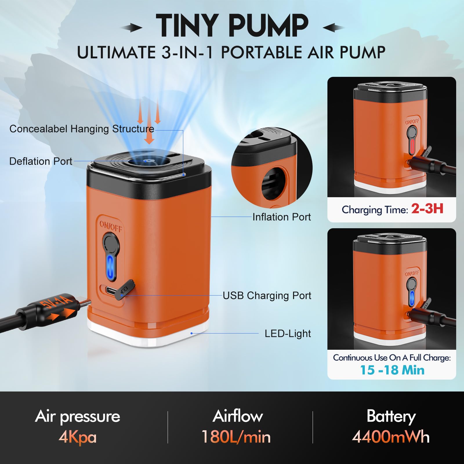 Portable Rechargeable Electric Air Pump for Inflatables - 2000mAh Battery Powered Mini Pump for Air Mattress, Pool Floats, Boat Toys, Yoga Balls | Quick Inflation for Camping, Travel & Home Use