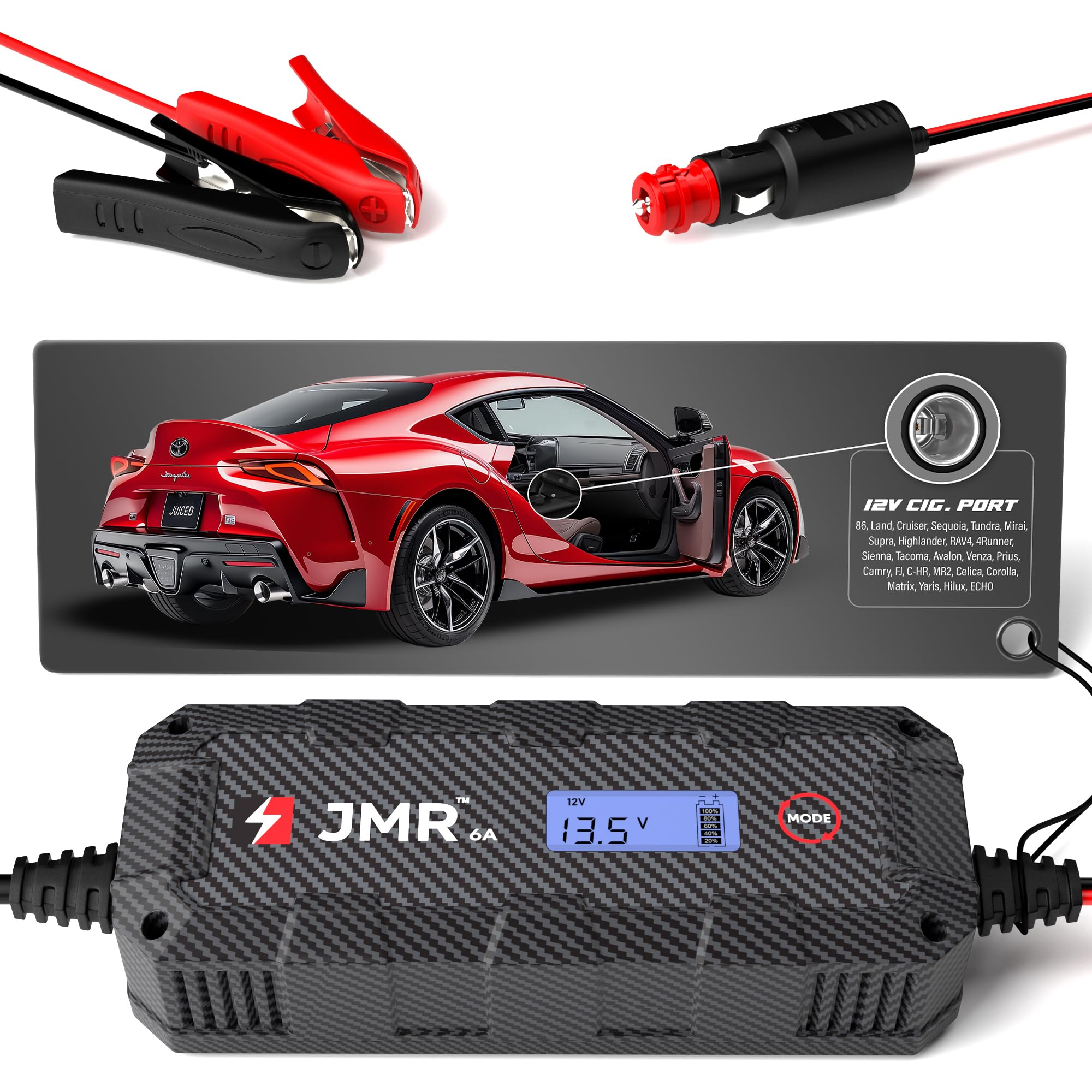 JMR Battery Charger & Maintainer for Toyota 86, Land Cruiser, Sequoia, Tundra, Mirai, Supra, Highlander, RAV4, 4Runner, Sienna, Tacoma - 12V Trickle Charger for All Toyota Models - Perfect for Winter Storage & Long-Term Vehicle Maintenance (No Lithium Mode)