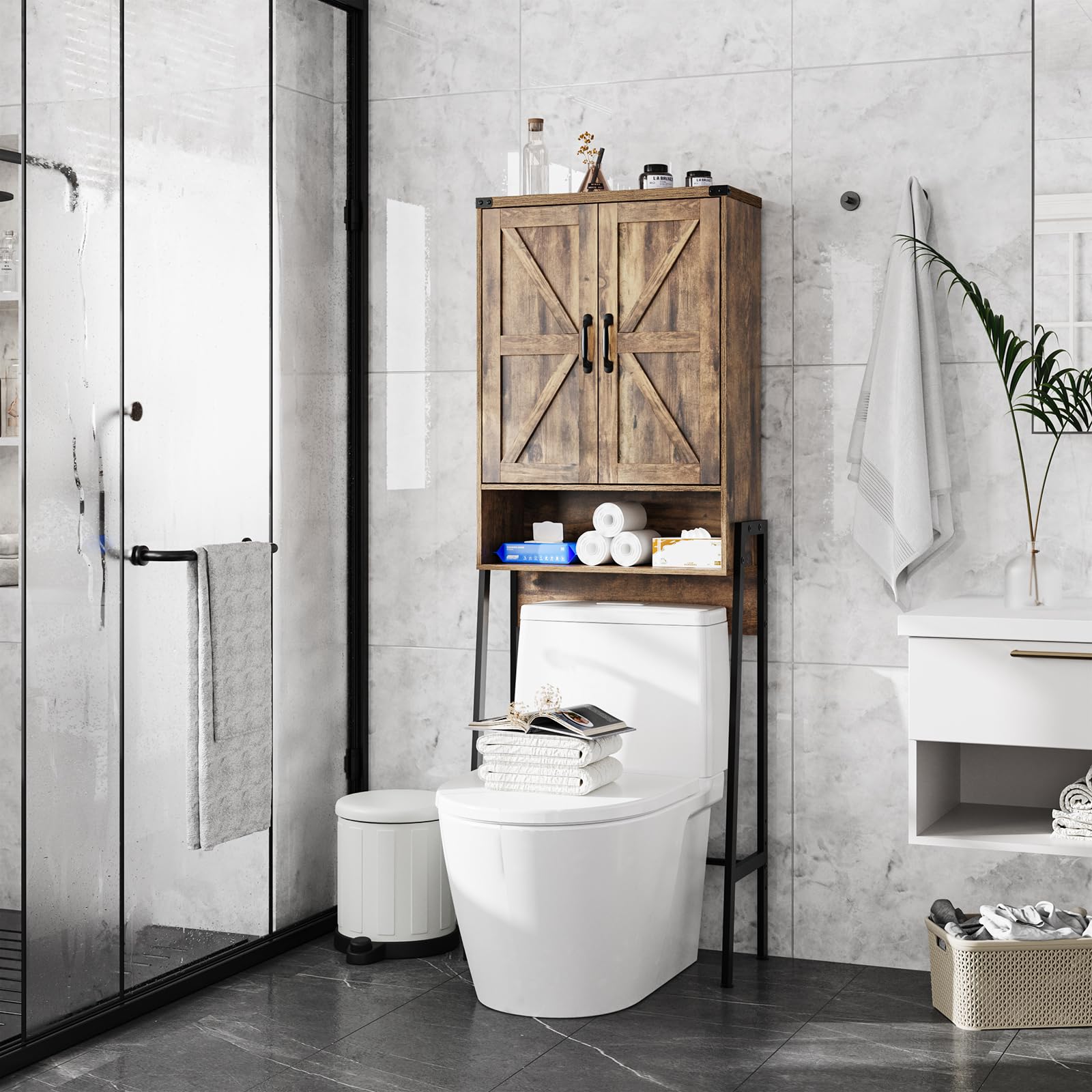 2-Door Over The Toilet Storage Cabinet with Shelves - Bathroom Organizer with Anti-Tip Device for Bathroom, Restroom & Laundry - Brown - Perfect for Small Space Organization and Extra Storage