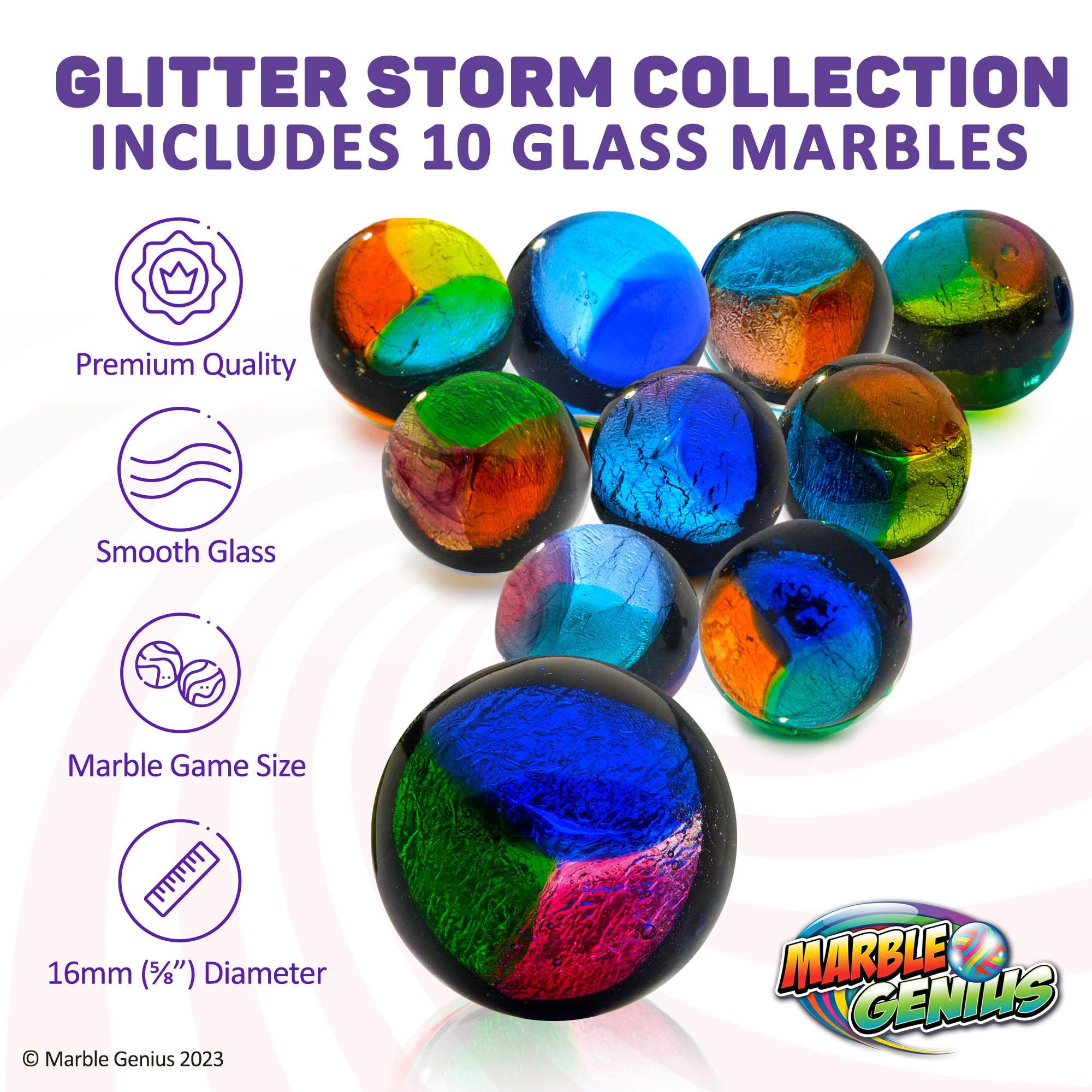 Marble Genius Premium Handmade Glass Marbles Set - 10 Glittery 16mm (5/8 Inch) Collector Marbles for Kids & Adults | Perfect for Marble Games, Collections & Unique Gifts (Ages 3+)